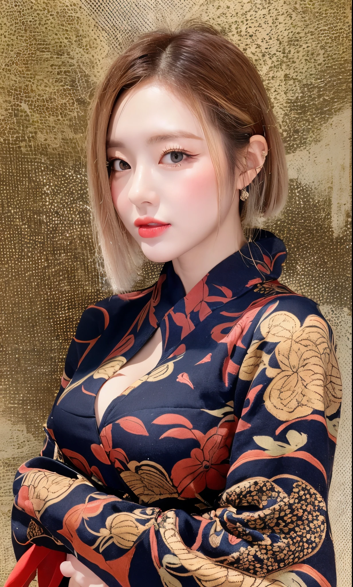 ulzzang-6500-v1.1, (Raw photo: 1.2), (Photorealistic: 1.4), beautiful detailed girl, very detailed eyes and face, beautiful detailed eyes, ridiculous, incredibly ridiculous, huge file size, super detailed, high resolution, very detailed, highest quality, masterpiece, (kimono), oiran illustration, highly detailed, cg, unification, 8k wallpaper, amazing, Fine details, masterpiece, top quality, highly detailed CG unified 8k wallpaper, face light, movie lighting, 1 girl, kimono, Japan, (wearing kimono), cleavage, (without panties), (dynamic pose), (kimono with Japanese pattern), (half)