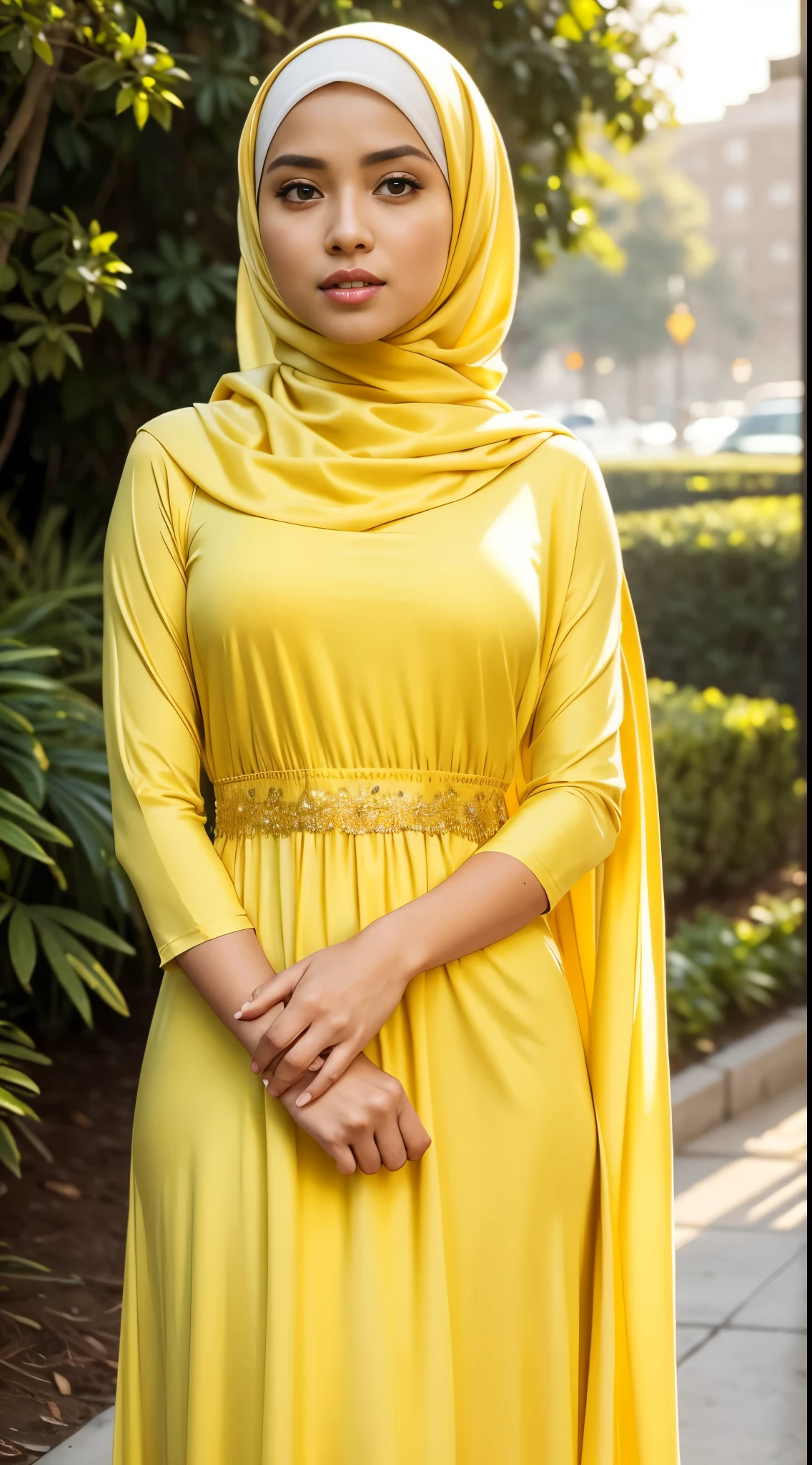 ( Close Up),RAW, Best quality, high resolution, masterpiece: 1.3), beautiful Malay woman in hijab,Masterpiece, perfect fit body, big breast,big gorgeous eyes, Soft smile,beutiful face,thick thighs, standing, close up of a woman wearing a yellow dress and a white head scarf, modest flowing gown,  dress, yellow robes, sophisticated dress, long dress female, yellow color, beautiful soft silky dress, hijab, elegant dress, yellow colors, yellow clothes,light yellow, soft silk dress, stylish dress, full covered dress, beautiful silky dress, yellow colours , (Delicate turtleneck) , shairband, afternoon walk, City garden, Excellent lighting, Bright colors, Clean lines,