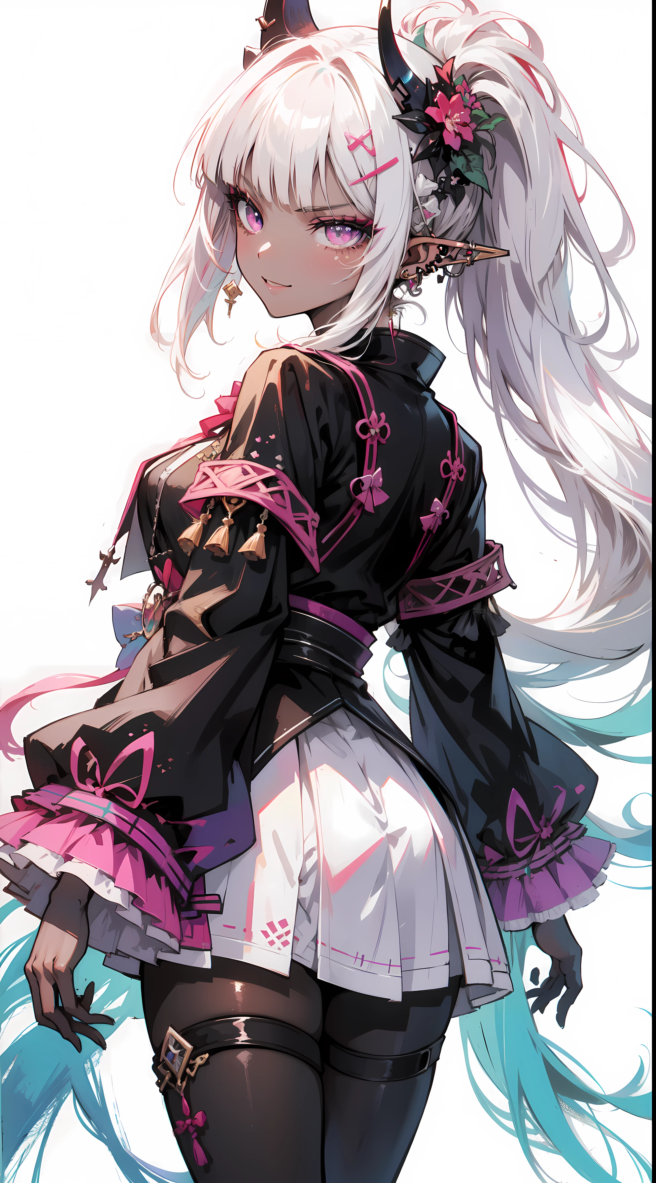 (masterpiece, top quality, best quality, official art, beautiful and aesthetic:1.2), ((dark elf)), ((1girl)), extreme detailed, (fractal art:1.3), colorful, highest detailed, Cowboy shot, from behind,  in the style art by Artgerm, by wadim kashin, by Kawacy, by Yoshitaka Amano, BREAK, insanely detailed face, details eye, Blunt bangs, white hair, (hair between eye), eyelashes, violet eyes, eyeshadow, pink eyeshadow, (dark skin:1.2), glaring, smile, BREAK, corsages, jirai kei, (jirai kei fashion:1.1), Frills, Skirts, Various accessories, (ear piercing), punky style, Japanese subculture, fashion, Stockings, colorful, (Dark circles:1.2),