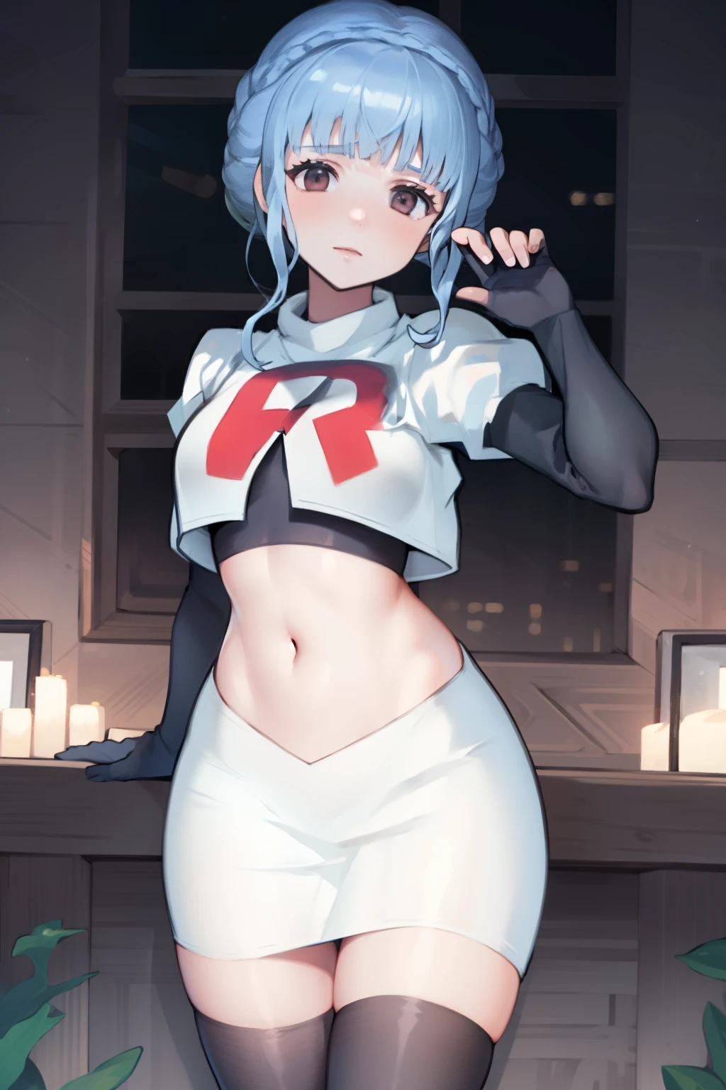 marianne von edmund, team rocket uniform, red letter R, white skirt,white crop top,black thigh-high boots, black elbow gloves, looking at viewer, cowboy shot, sexy pose , night sky background