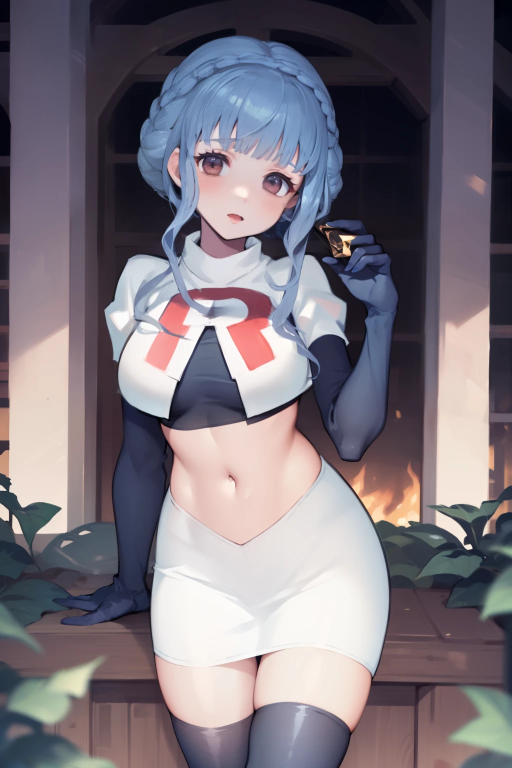 marianne von edmund, team rocket uniform, red letter R, white skirt,white crop top,black thigh-high boots, black elbow gloves, looking at viewer, cowboy shot, sexy pose , night sky background