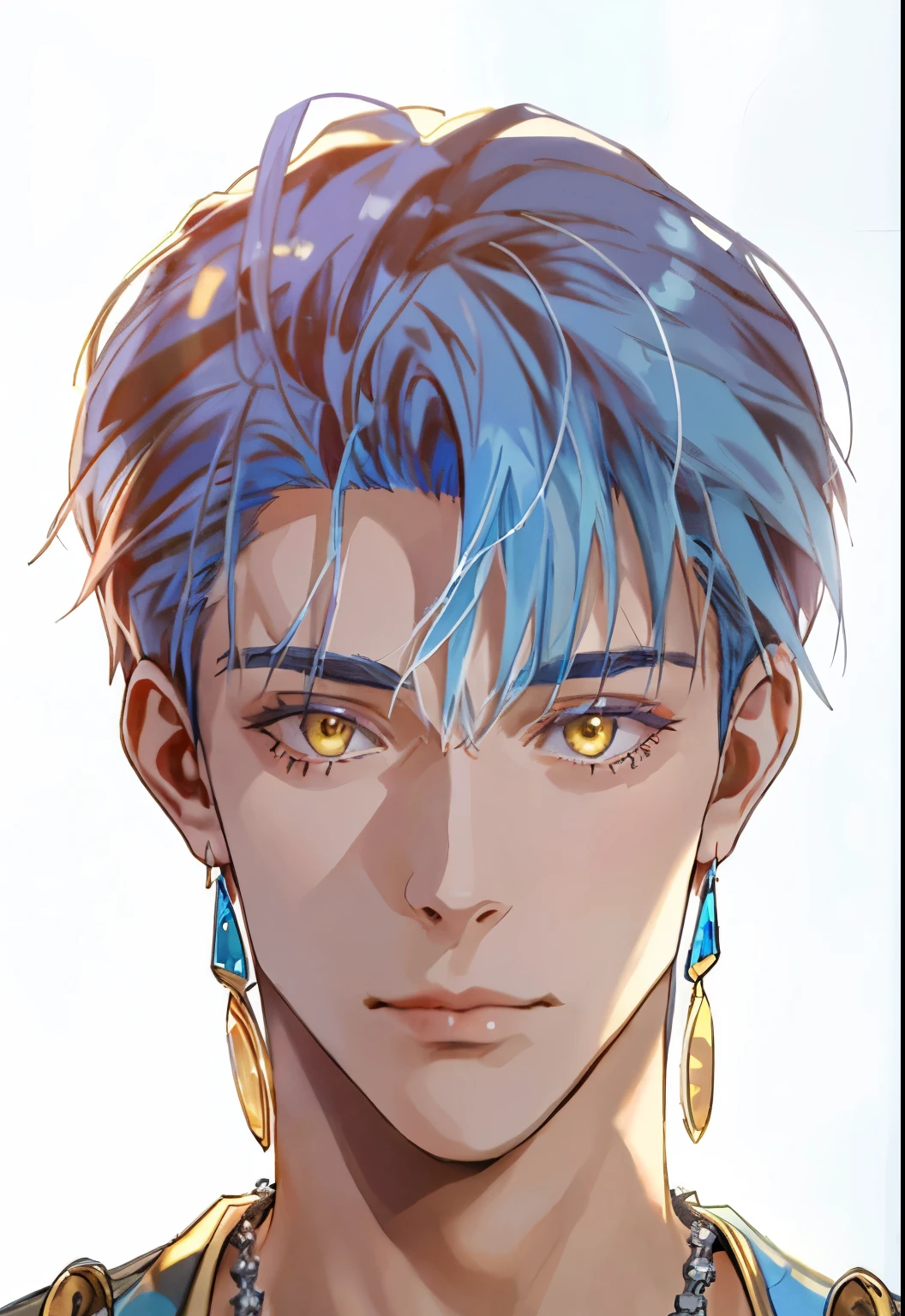 a close up of a person with blue hair and a necklace, handsome guy, yellow eyes.