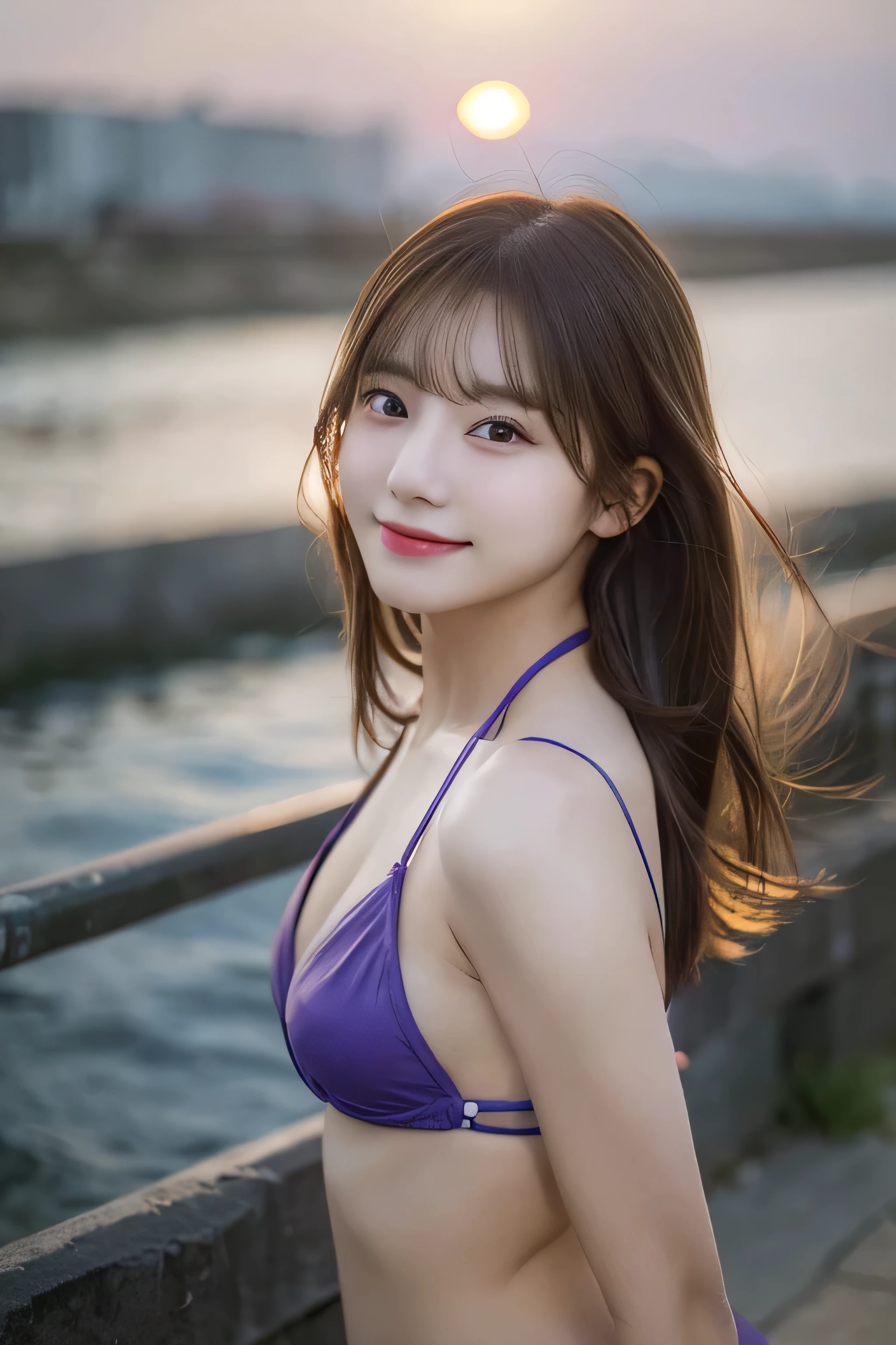 (She is a bikini model)、((18year old))、randome pose、(top-quality,masterpiece:1.3,超A high resolution,),(ultra-detailliert,Caustics),(Photorealsitic:1.4,RAW shooting,)Ultra-realistic capture,A highly detailed,High resolution 16K human skin close-up、 Skin texture is natural、、The skin looks healthy with an even tone、 Use natural light and color,1人,、Westerners,,、cute brown hair,Middle hair,,smil,,(depth of fields、chromatic abberation、、Wide range of lighting、Natural Shading、)、((Full body))、Sunset on the coast、lens 200mm、portlate、a smile, Small bust, Highly detailed, bobhair_cut、