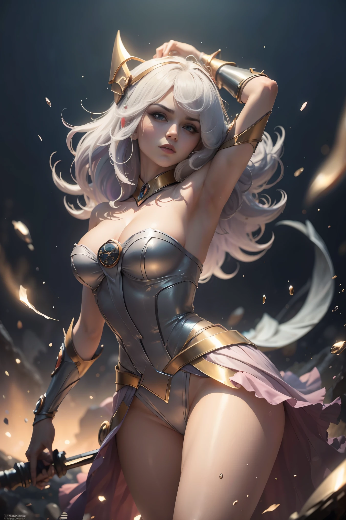solamente, Super fine photo, Unreal Engine 5 8K UHD digital art portrait of a girl, Arte conceptual, character concept design, wearing a tight, shiny white dress with metallic details, corona de oro, ojos azules, fantasy princess, guante metalico, cabello largo y rubio, La mejor calidad, Obra maestra, Super detailed, foco nítido, pose Sujestiva y sexy y inocente y