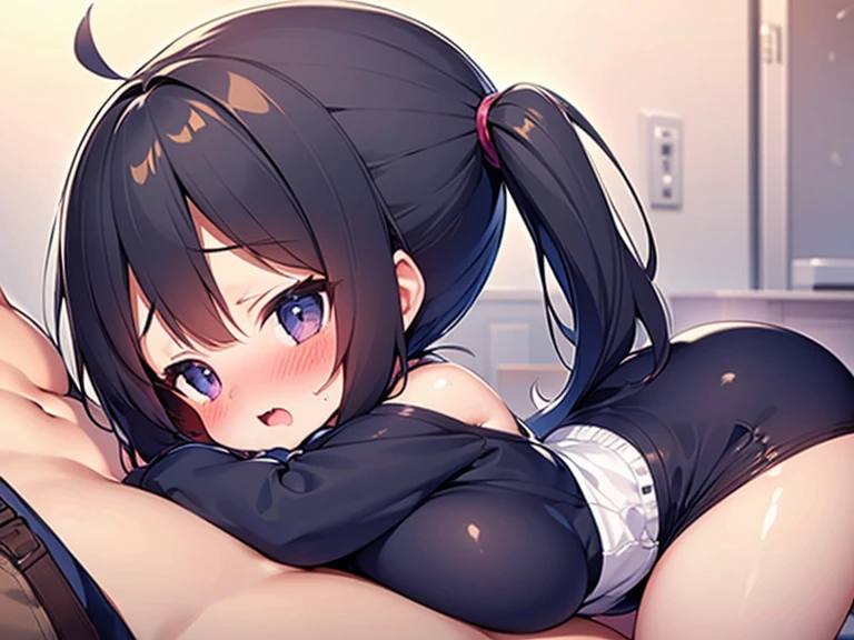 1girl, solo, , masterpiece, disproportionate breasts,chubby body ,gigantic breasts, sagging breasts, oppai loliiva, orgasm face, nose blush, sweat, (1 boy and 1girl are having sex ), ((missionary position, man on top, spread legs, legs up, )) (drunken eyes, vaginal penis, hetero,) black long twintail, multicolored hair,