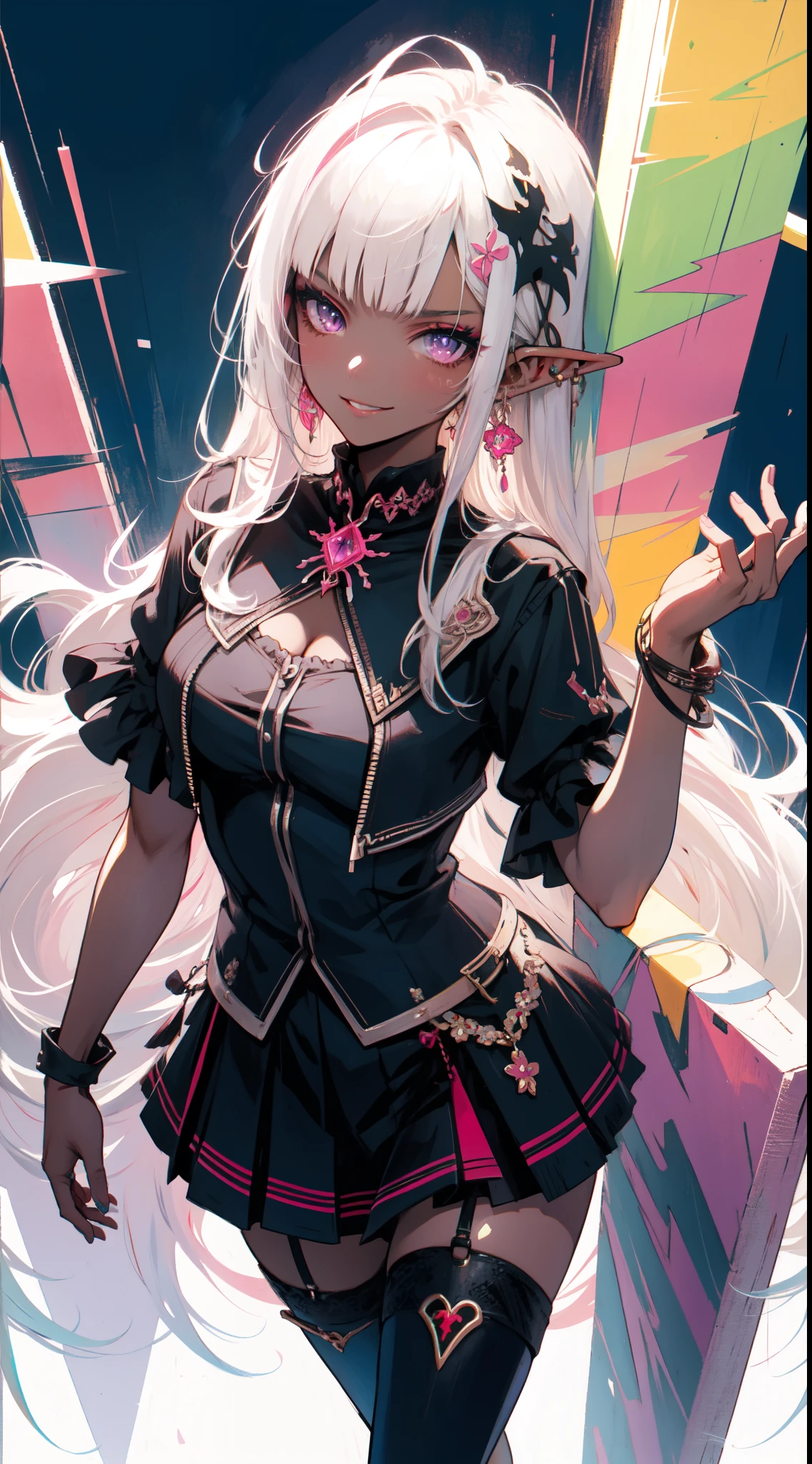(masterpiece, top quality, best quality, official art, beautiful and aesthetic:1.2), ((dark elf)), ((1girl)), extreme detailed, (fractal art:1.3), colorful, highest detailed, Cowboy shot, from above, in the style art by Artgerm, by wadim kashin, by Kawacy, by Yoshitaka Amano, BREAK, insanely detailed face, details eye, Blunt bangs, white hair, (hair between eye), eyelashes, violet eyes, eyeshadow, pink eyeshadow, (dark skin:1.2), glaring, smile, head tilt, BREAK, corsages, jirai kei, (jirai kei fashion:1.1), Frills, Skirts, Various accessories, (ear piercing), punky style, Japanese subculture, fashion, Stockings, colorful, (Dark circles:1.2),