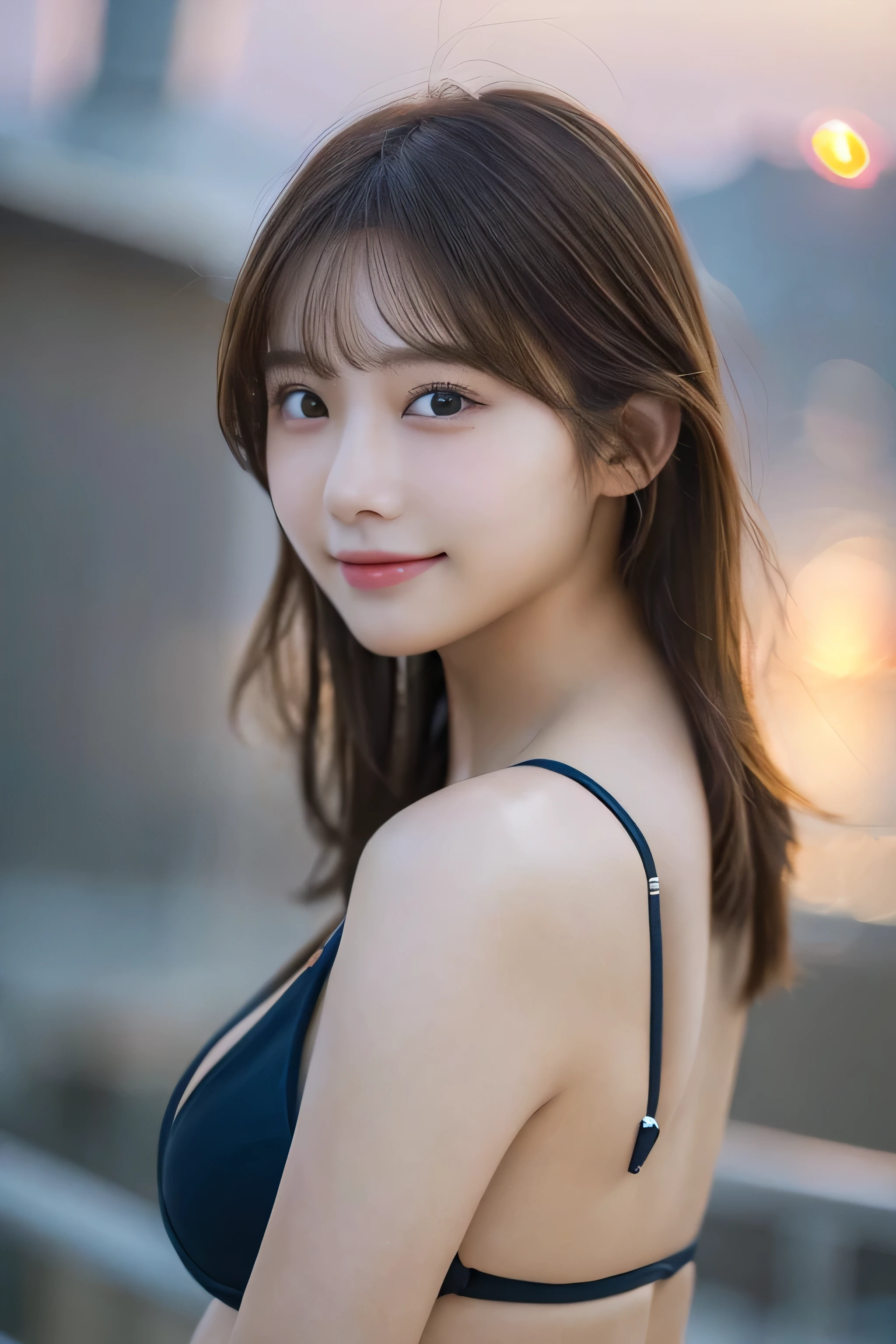 (She is a bikini model)、((18year old))、randome pose、(top-quality,​masterpiece:1.3,超A high resolution,),(ultra-detailliert,Caustics),(Photorealsitic:1.4,RAW shooting,)Ultra-realistic capture,A highly detailed,High resolution 16K human skin close-up、 Skin texture is natural、、The skin looks healthy with an even tone、 Use natural light and color,1人,、、cute brown hair,Middle hair,,smil,,(depth of fields、chromatic abberation、、Wide range of lighting、Natural Shading、)、(Full body)、(Sunset on the coast)、Lens 80mm、portlate、a smile, Small bust, Highly detailed, (bobhair_cut)、