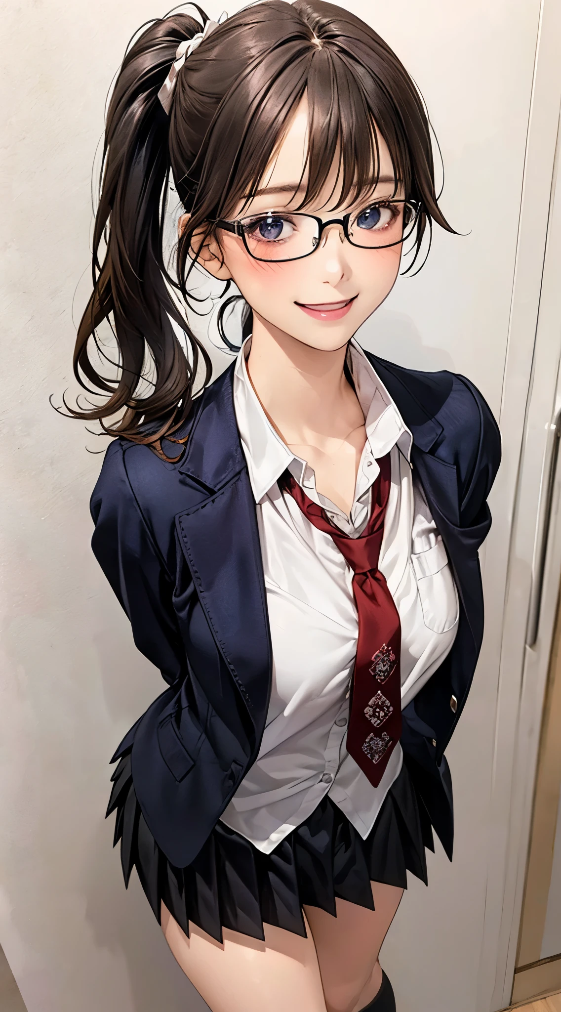 (masterpiece:1.2, top-quality), (realistic, photorealistic:1.4), beautiful illustration, NSFW, 
looking at viewer, cowboy shot, front view:0.8, 
1 girl, japanese, high school girl, black hair, (middle hair:1.4, short ponytail:1.5), bangs, hair between eye, blue eyes, large breasts:1.0, black-rimmed glasses, (thick thighs), 
beautiful hair, beautiful face, beautiful detailed eyes, beautiful clavicle, beautiful body, beautiful chest, beautiful thigh, beautiful legs, beautiful fingers, 
(beautiful scenery), evening, JJROOM, scenery, bright and refreshing, 
((black blazer, black pleated miniskirt, socks, private school uniform:1.2, russet necktie)), white panties, 
adorable smiling, (idle),
(erotic,sexy, upper eyes, smiling smile: 1.2), shiny skin, open mouth, 
perfect face, cute and symmetrical face, natural side lighting, movie lighting),