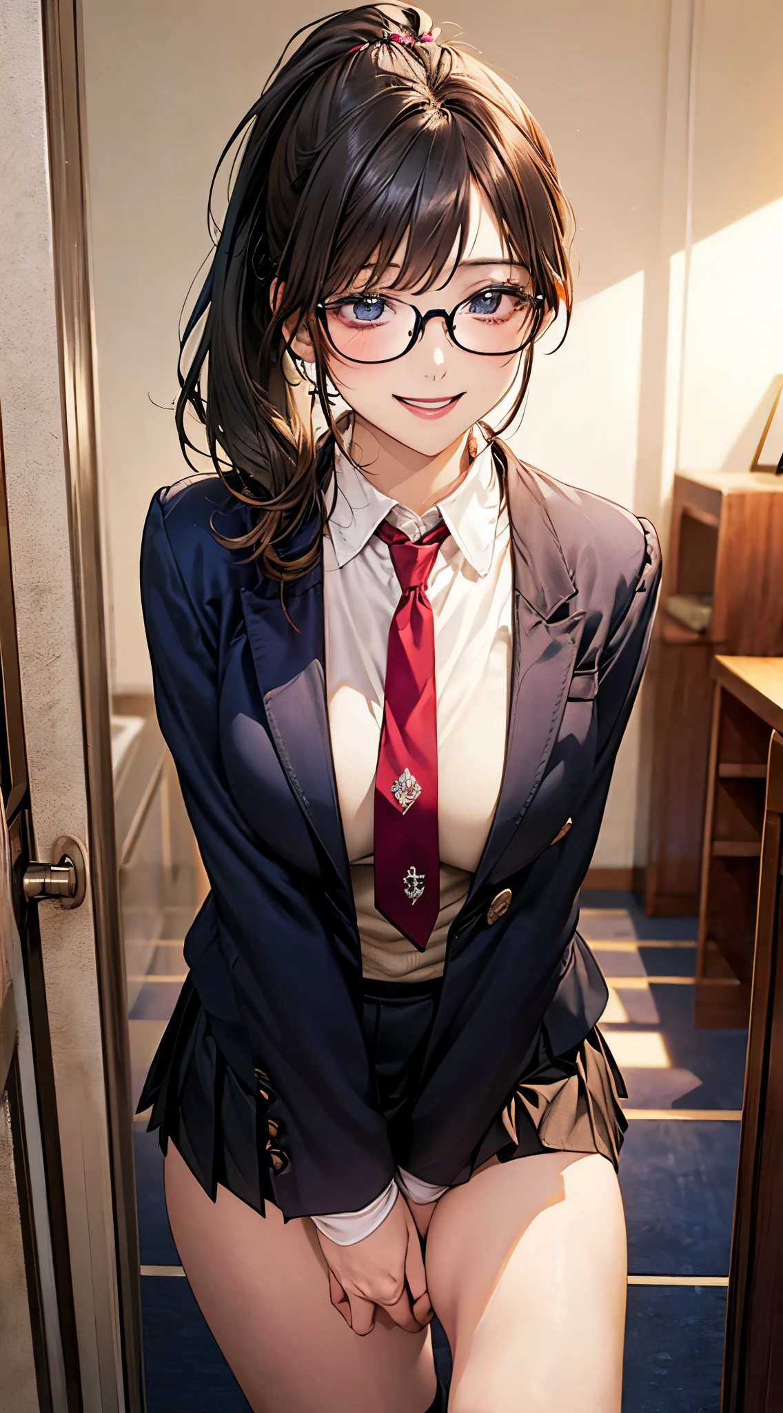 (masterpiece:1.2, top-quality), (realistic, photorealistic:1.4), beautiful illustration, NSFW,
looking at viewer, cowboy shot, front view:0.8,
1 girl, japanese, high school girl, black hair, (middle hair:1.4, short ponytail:1.5), bangs, hair between eye, blue eyes, large breasts:1.0, black-rimmed glasses, (thick thighs),
beautiful hair, beautiful face, beautiful detailed eyes, beautiful clavicle, beautiful body, beautiful chest, beautiful thigh, beautiful legs, beautiful fingers,
(beautiful scenery), evening, JJROOM, scenery, bright and refreshing,
((black blazer, black pleated miniskirt, socks, private school uniform:1.2, russet necktie)), white panties,
adorable smiling, (idle),
(erotic,sexy, upper eyes, smiling smile: 1.2), shiny skin, open mouth,
perfect face, cute and symmetrical face, natural side lighting, movie lighting),