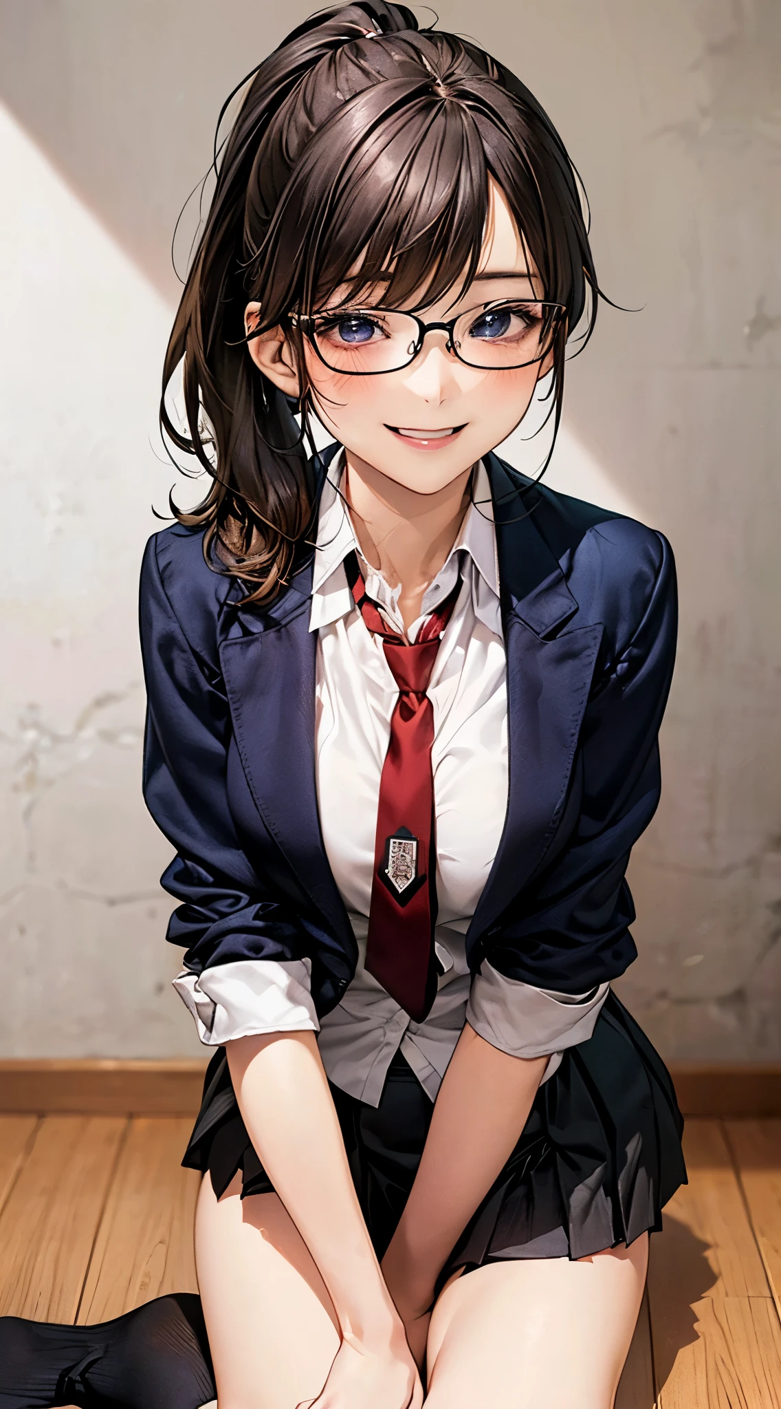 (masterpiece:1.2, top-quality), (realistic, photorealistic:1.4), beautiful illustration, NSFW,
looking at viewer, cowboy shot, front view:0.8,
1 girl, japanese, high school girl, black hair, (middle hair:1.4, short ponytail:1.5), bangs, hair between eye, blue eyes, large breasts:1.0, black-rimmed glasses, (thick thighs),
beautiful hair, beautiful face, beautiful detailed eyes, beautiful clavicle, beautiful body, beautiful chest, beautiful thigh, beautiful legs, beautiful fingers,
(beautiful scenery), evening, JJROOM, scenery, bright and refreshing,
((black blazer, black pleated miniskirt, socks, private school uniform:1.2, russet necktie)), white panties,
adorable smiling, (idle),
(erotic,sexy, upper eyes, smiling smile: 1.2), shiny skin, open mouth,
perfect face, cute and symmetrical face, natural side lighting, movie lighting),