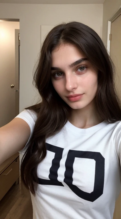 ((Front facing camera selfie)), 18 yo girl named Zahra Amiri, (straight nose), (prominent nose bridge), (female face golden ratios:1.15), long dense dark brown hair, (pale skin:1.25), (hazel eyes), thin eyebrows, high cheekbones, beautiful plump lips, big natural breasts, wearing tshirt, apartment background, smirk