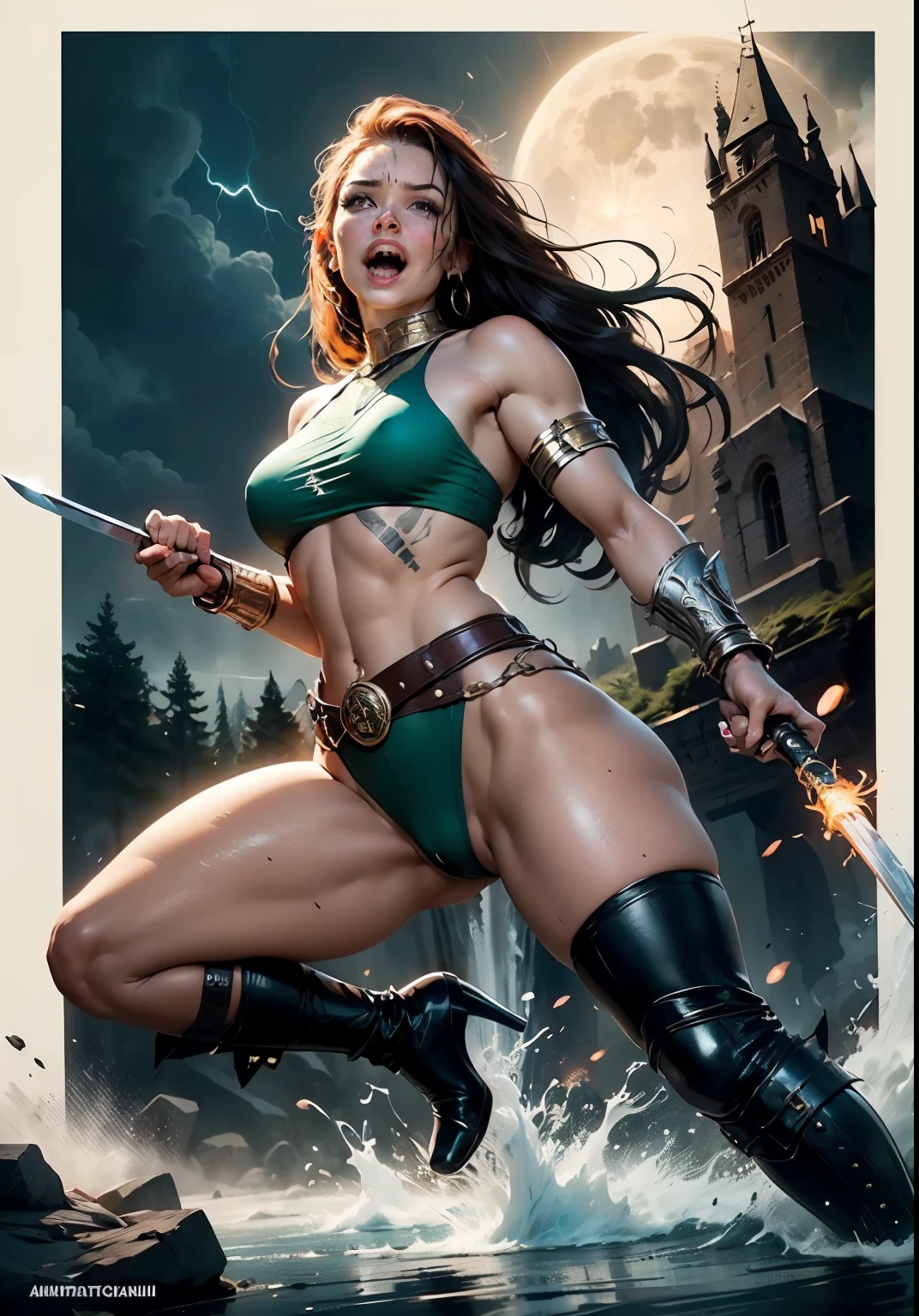 (masterpiece), best quality, expressive eyes, perfect face, ((warrior woman poster)), ((red sonja warrior in fighting pose)), ((poster includes army fighting in the background)), 8k, blood on skin, mandala tattoos, full body , dark cloudy sky with lightning, ((dynamic poster)), ((full moon)), ((movie poster)), full war woman in combat stance, soft play of light and shadow, war scene, war woman variety of small details in the background, random, hyper detailed, trend in artstation, intricate details, highly detailed, metal high heel boots, high heel boots, evil laugh, slight ironic smile. digital painting, perfect result, HDR, illustration, very image clear, evocative, striking, fluorescent light, side angle perspective, perfect face, front view of perfect face, woman warrior, sword in left hand, little clothing, steel bracelet, silver bracelet, bronze belt, woman with very long hair moved by the wind, night light, cloudy sky, dark clouds with lightning, mountain, castle embedded in the mountain rock, waterfall coming out of the castle, beautiful warrior, skin wet with sweat, flushed and panting face, provocative look, full female body, water-wet skin, stormy sky, floating antique clock, lamp, lantern, tattoos of mandalas and flowers on the body, majestic, feeling of depth (athletic physique: 1.5), emerald eyes ( vibrant: 1.5), brown hair (vibrant: 1.5), UHD, HDR, cinematic image, intricate details, ultra-realism, viridian tones, medieval castle embedded in the mountain, full moon, (fractal art: 1.3), colorful , metallic colors, enamel colors, NSFW, run and dodge, fighting pose, beautiful warrior woman in combat, front view, girl seen from the war front, fighting expression, finely drawn hands; By Artgerm, full female body centered on the scene, dark clouds and lightning, magic lights, magic particles, ((Xena warrior)), metal high heel boots, high heel boots, vagina on display, beautiful vagina, beautiful breasts on display, poster cinema,