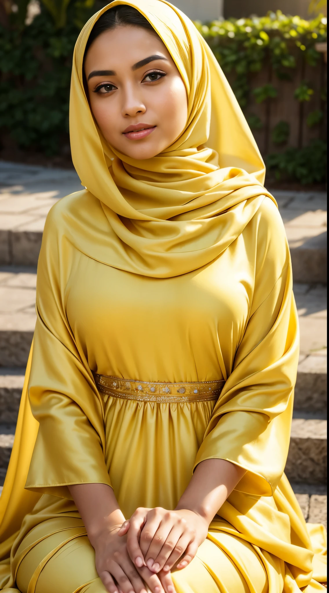 ( Close Up),RAW, Best quality, high resolution, masterpiece: 1.3), beautiful Malay woman in hijab,Masterpiece, perfect fit body, big breast,big gorgeous eyes, Soft smile,beutiful face,thick thighs, sitting, close up of a woman wearing a yellow dress and a white head scarf, modest flowing gown, dress, yellow robes, sophisticated dress, long dress female, yellow color, beautiful soft silky dress, hijab, elegant dress, yellow colors, yellow clothes,light yellow, soft silk dress, stylish dress, full covered dress, beautiful silky dress, yellow colours , (Delicate turtleneck) , shairband, afternoon walk, City garden, Excellent lighting, Bright colors, Clean lines,