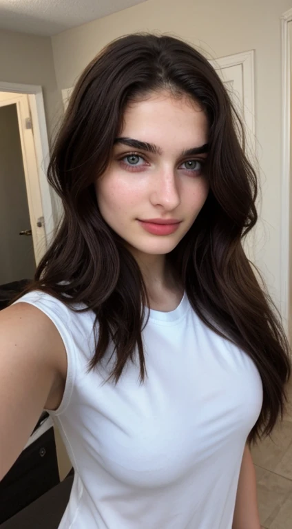 ((Front facing camera selfie)), 18 yo girl named Zahra Amiri, ((straight nose)), (prominent nose bridge), (female face golden ratios:1.15), long dense dark brown hair, (pale skin:1.25), (hazel eyes), thin eyebrows, high cheekbones, beautiful plump lips, big natural breasts, wearing tshirt, apartment background, smirk