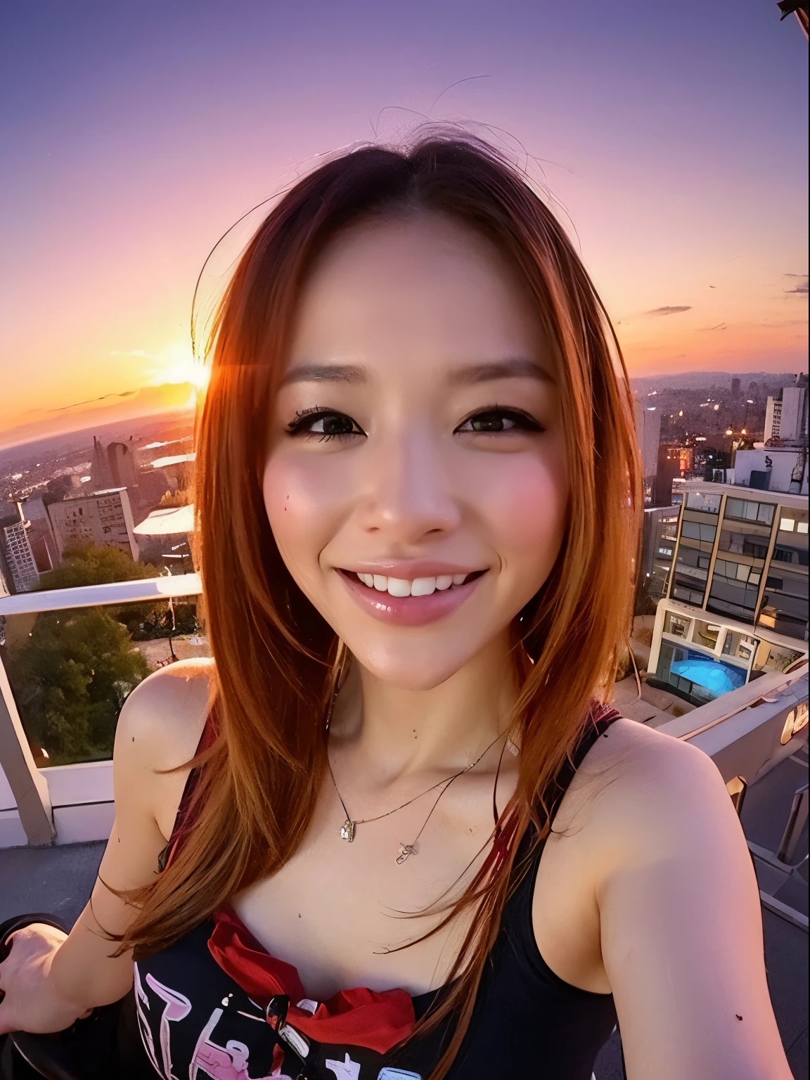 1 punk girl, fish eye, Self-shot, Wind, hair messy, Sunset, Cityscape, (Aesthetics and atmosphere:1.2),Smiling、Hyper-realistic