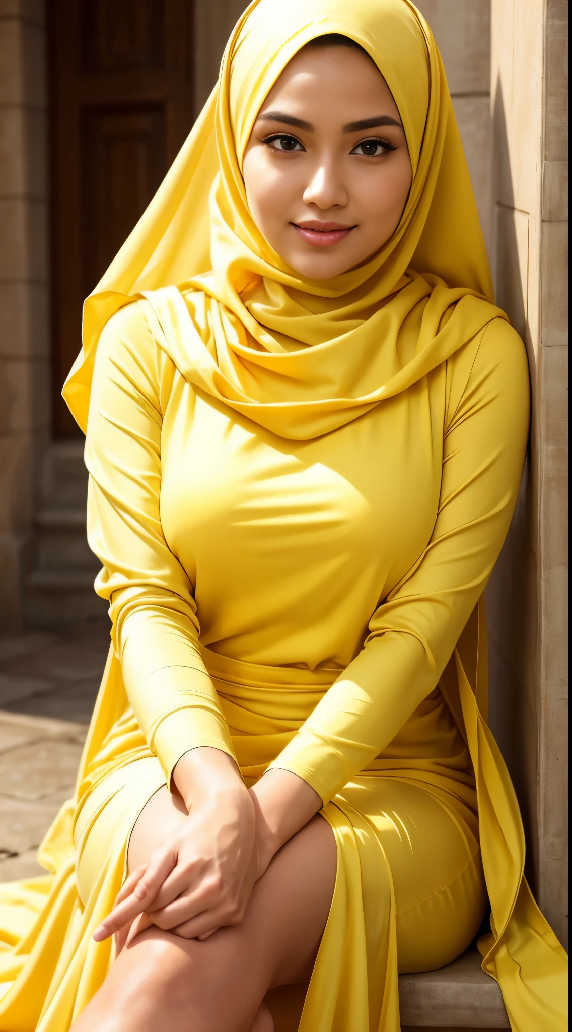 RAW, Best quality, high resolution, work: 1.3), Beautiful Malay woman in hijab,Perfect work, perfect fit body, ((Big breasts)), beautiful big eyes, Soft smile, beautiful face, slightly open mouth, thick thighs, beautiful buttocks, woman wearing a yellow top and long pink skirt, with a long cloth with a yellow floral pattern, (yellow), long yellow shirt, shiny yellow, wearing a long blouse with a yellow floral pattern, yellow, graceful yellow skin, smooth turtleneck, walking on a country road with morning sunlight through the trees, great