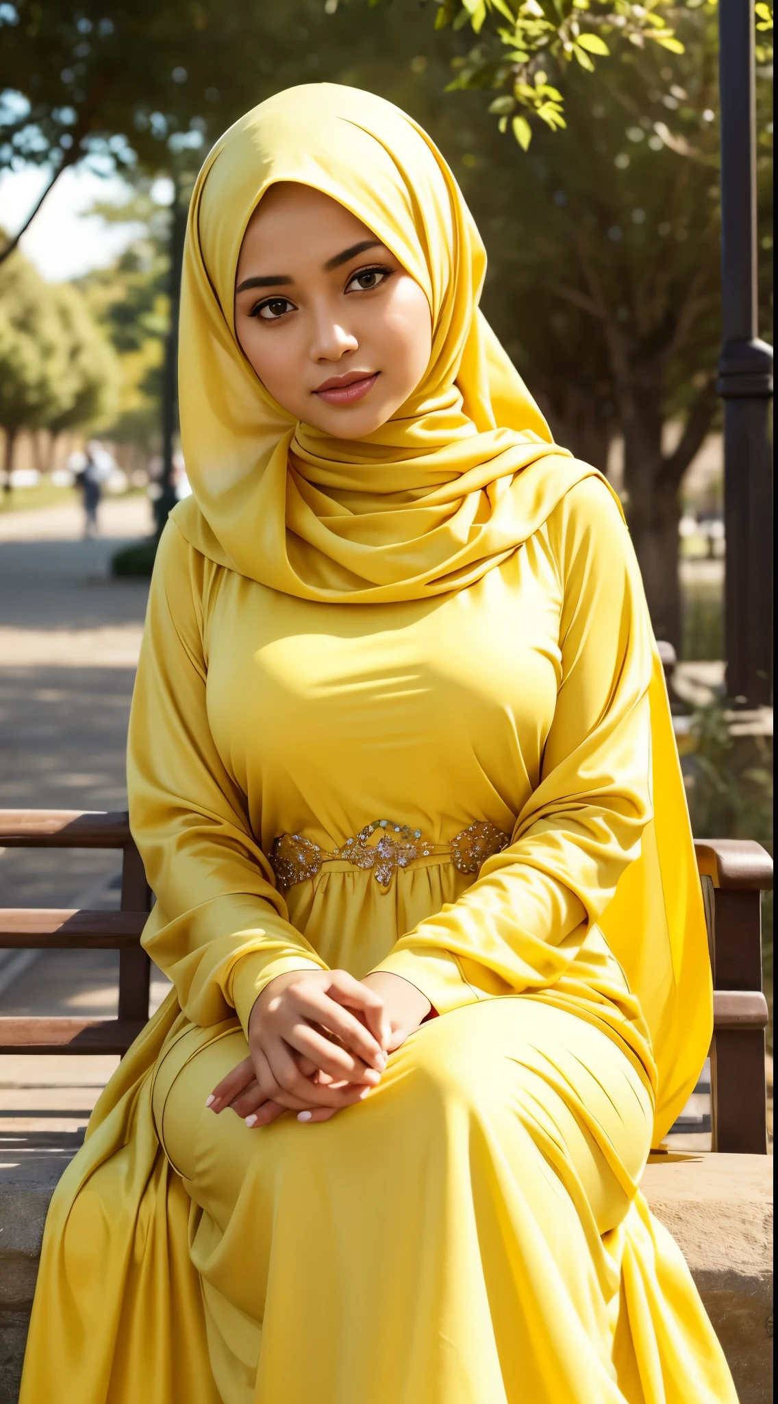 ( Close Up),RAW, Best quality, high resolution, masterpiece: 1.3), beautiful Malay woman in hijab,Masterpiece, perfect fit body, big breast,big gorgeous eyes, Soft smile,beutiful face,thick thighs, sitting, close up of a woman wearing a yellow dress and a white head scarf, modest flowing gown,  dress, yellow robes, sophisticated dress, long dress female, yellow color, beautiful soft silky dress, hijab, elegant dress, yellow colors, yellow clothes,light yellow, soft silk dress, stylish dress, full covered dress, beautiful silky dress, yellow colours , (Delicate turtleneck) , shairband, afternoon walk, City garden, Excellent lighting, Bright colors, Clean lines,