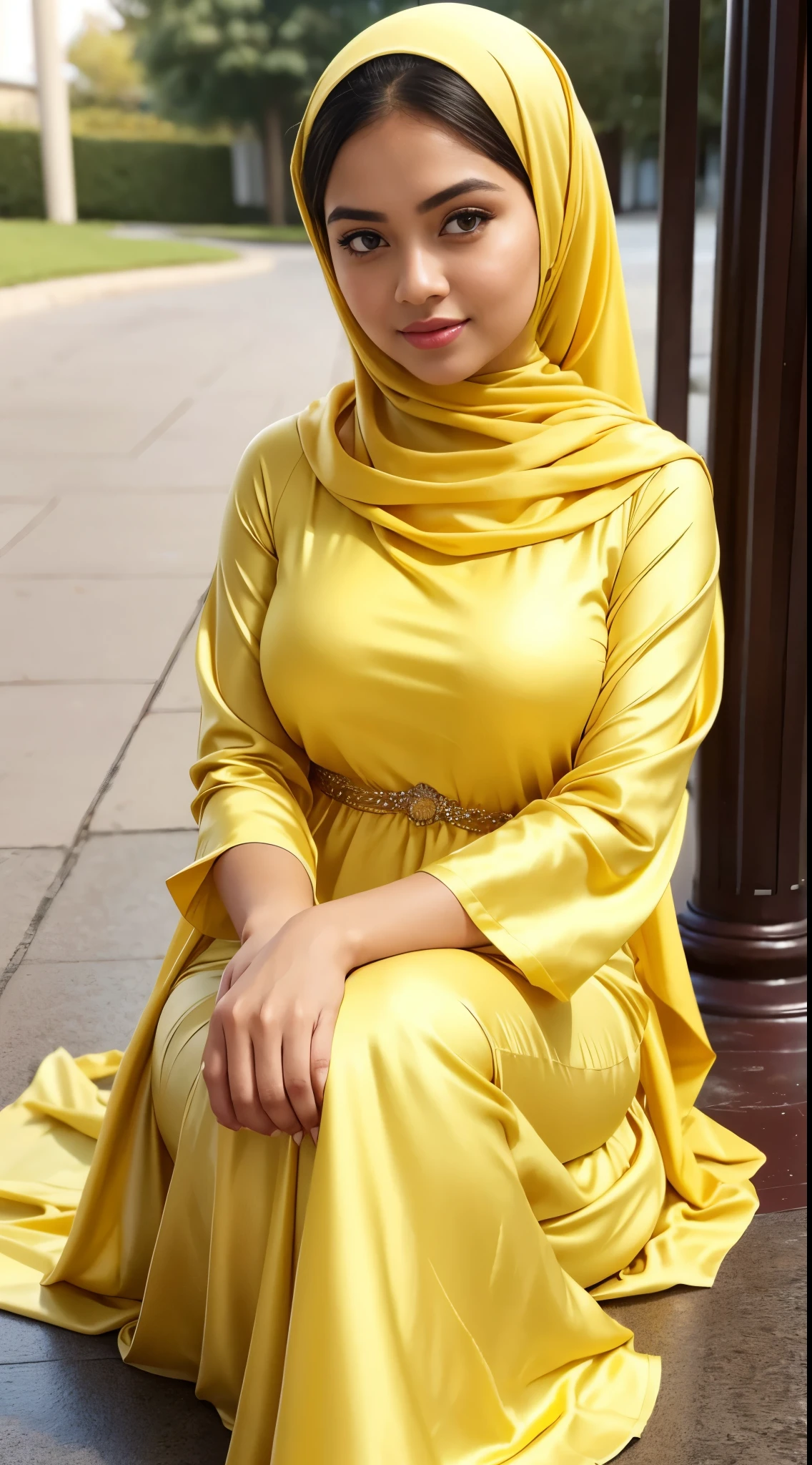 ( Close Up),RAW, Best quality, high resolution, masterpiece: 1.3), beautiful Malay woman in hijab,Masterpiece, perfect fit body, big breast,big gorgeous eyes, Soft smile,beutiful face,thick thighs, sitting, close up of a woman wearing a yellow dress and a white head scarf, modest flowing gown, dress, yellow robes, sophisticated dress, long dress female, yellow color, beautiful soft silky dress, hijab, elegant dress, yellow colors, yellow clothes,light yellow, soft silk dress, stylish dress, full covered dress, beautiful silky dress, yellow colours , (Delicate turtleneck) , shairband, afternoon walk, City garden, Excellent lighting, Bright colors, Clean lines,