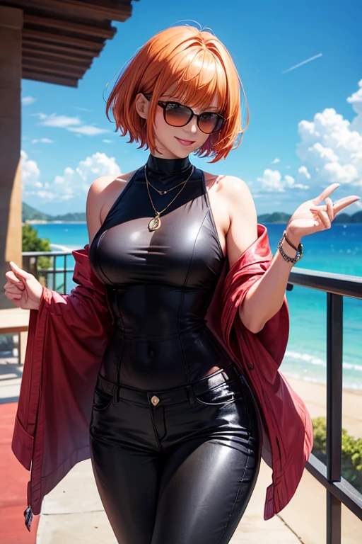 29 years old lady, orange bob cut hair above her neck , wearing purple colored lenses sunglasses, endearing smile, wearing a black shirt and deep brown vest, silver necklace, forelock above her eyes, wearing a trouser suit, slender body and small tits, wearing black boots, looks passionate, cheerful pose, standing majestically