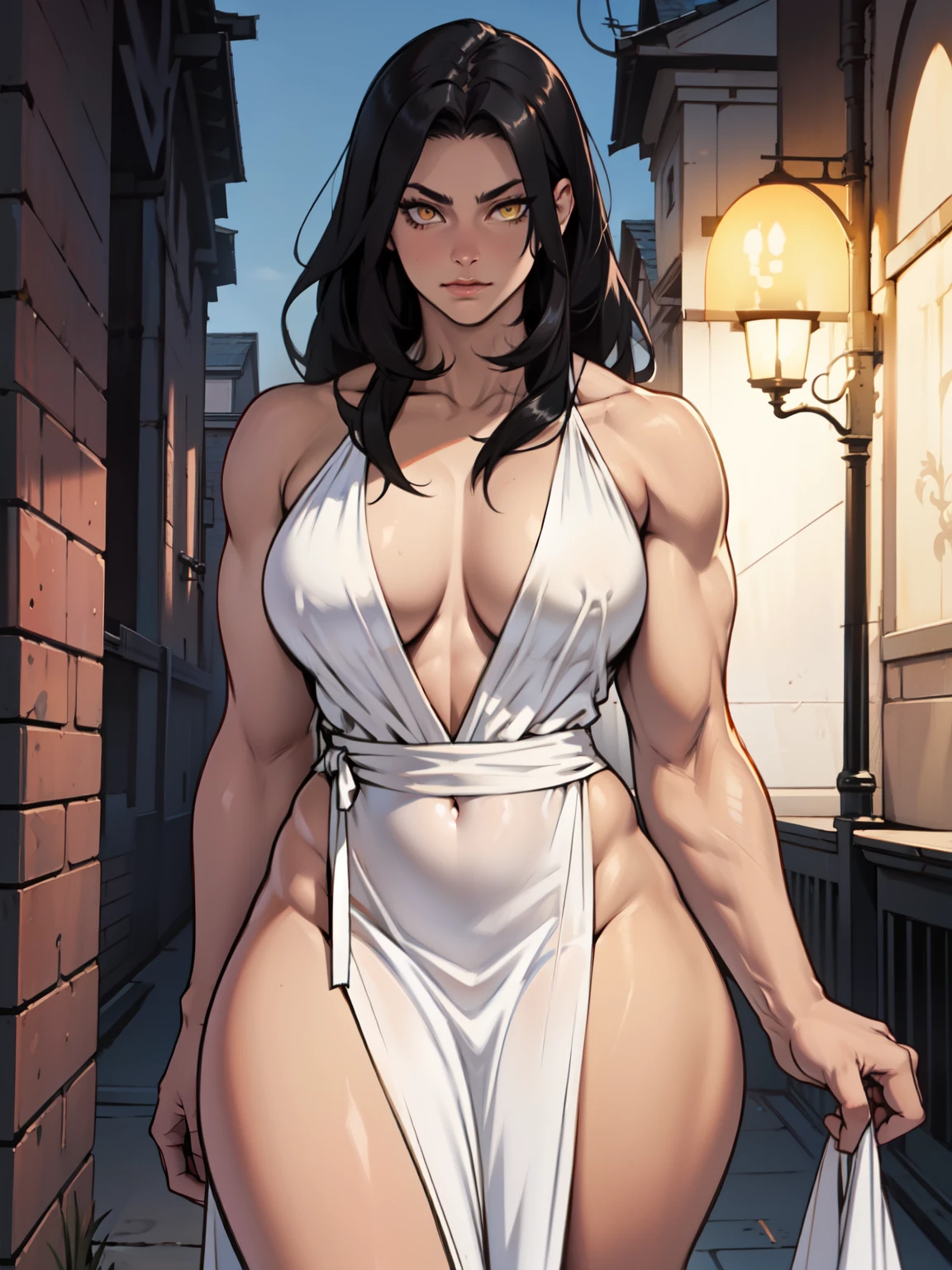 girl muscular toned body perfect anatomy large breasts thick thighs athletic black hair yellow eyes pale skin girl muscular toned body perfect anatomy large breasts thick thighs athletic evening gown evening gown solo solo thick