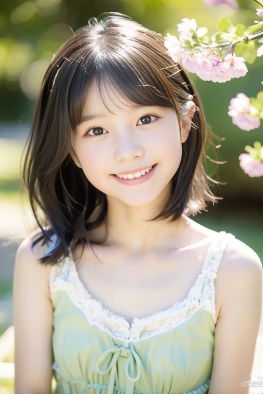 (((​masterpiece))), (((Full body photo)))， (One beautiful Japan girl, Innocence，kawaii) ，超A high resolution, Realistic, ultra-detailliert, 8K,top-quality, Extremely detailed,,A slender,very beautiful japanese girl, (Detailed face:1.3), (Bery short hair，Cute Hair Ornament，A dark-haired :1.4), (a baby face，kawaii系,adorable 10 year old girl), (Perfect body:1.1), (white frills，Green dress，White fluffy skirt), innocent smiles，Please show me your beautiful teeth，pretty pose，rosy cheeks，Super Detailed Face、Detailed lips、A detailed eye、small gravure idol，Transparent skin、Lori，Photorealistic:1.37，no-makeup，In the soft spring sunshine、appearance々Surrounded by flowers