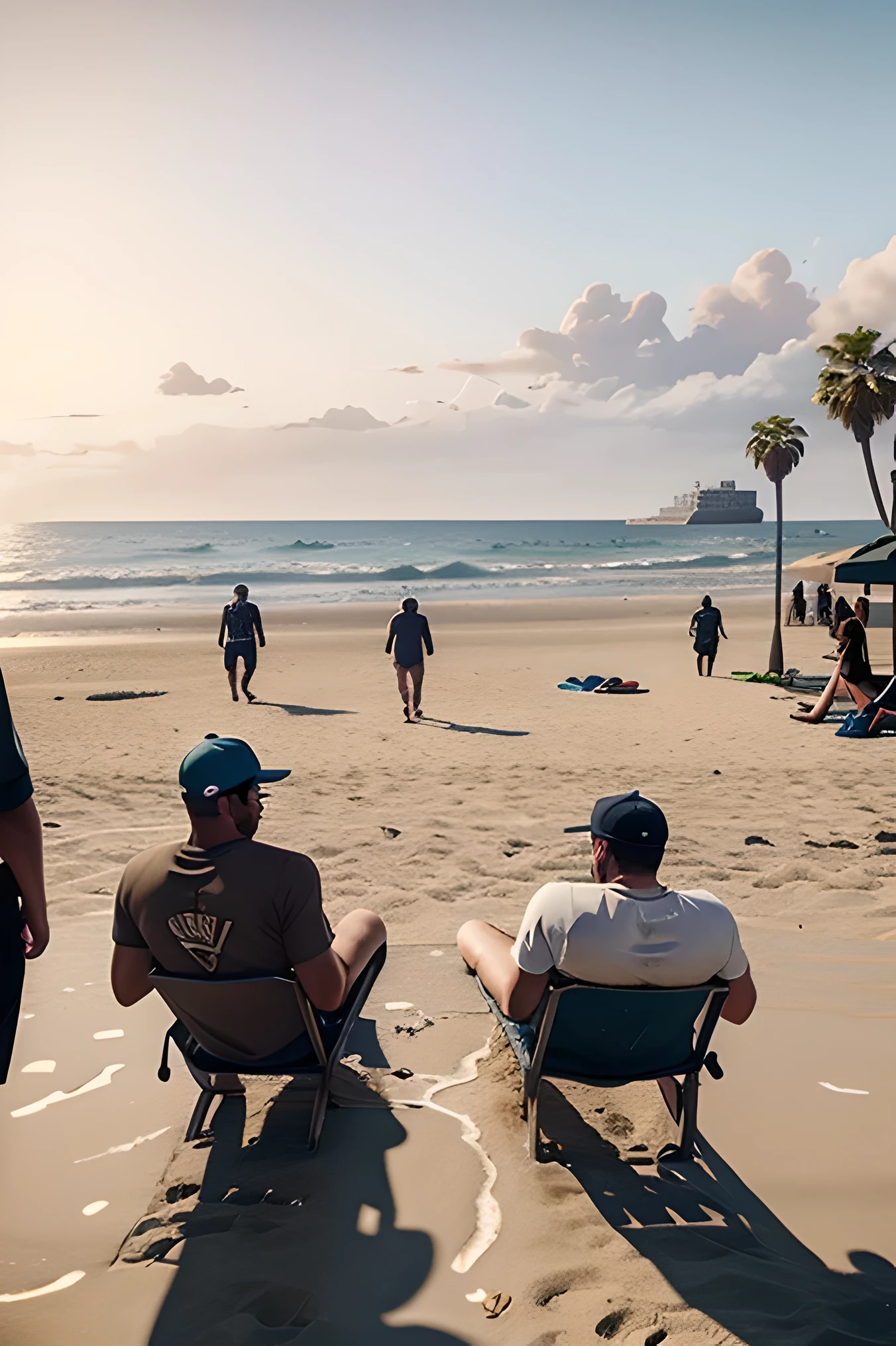 two boys in caps among people sliding, desenho estilo gta 5, na praia ao fundo, epics