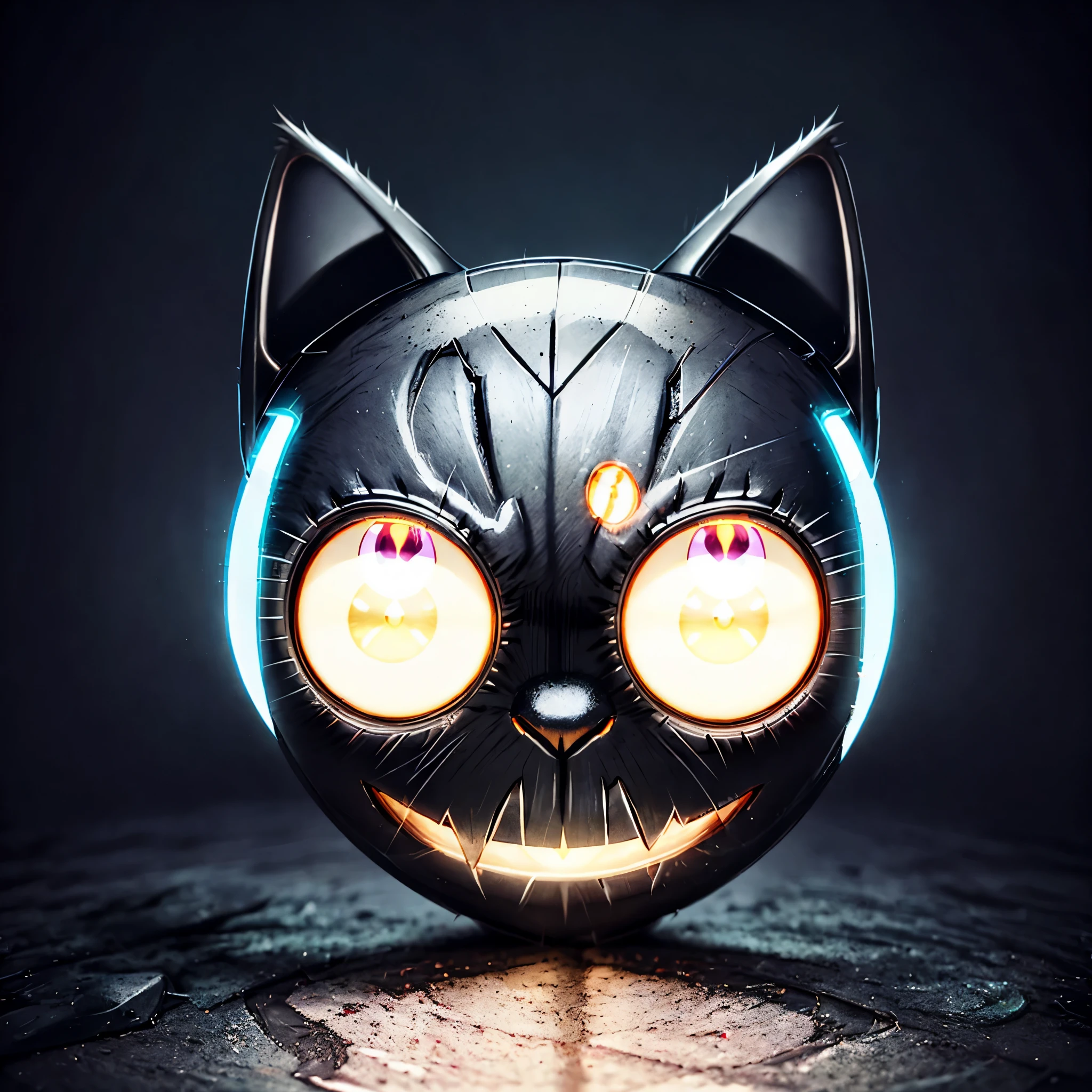 there is a black cat With glowing eyes and a crescent on its face, Metal cat ears and glowing eyes, metal and glowing eyes, evil smile and glowing eyes, With glowing eyes, Eyes that glow white, Cute 3 d render, large glowing eyes, Glowing eyes and mouth, anime cat, Magic glowing eyes, Cute! C4D, Cyberpunk cat