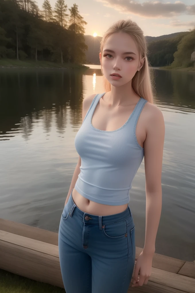 Mujer arafed en una camiseta sin mangas de pie junto a un lago, Anna Nikolanova aka Newmilky, Llevar un lindo top, Hermosa modelo joven, Usar una camiseta sin mangas, Usar camiseta sin mangas, Llevar un sexy top recortado, Linda chica con traje sin mangas, en un lago, Hermosa modelo de chica, Foto de Slim Girl Model, cerca de un lago, 2 4 year old female model