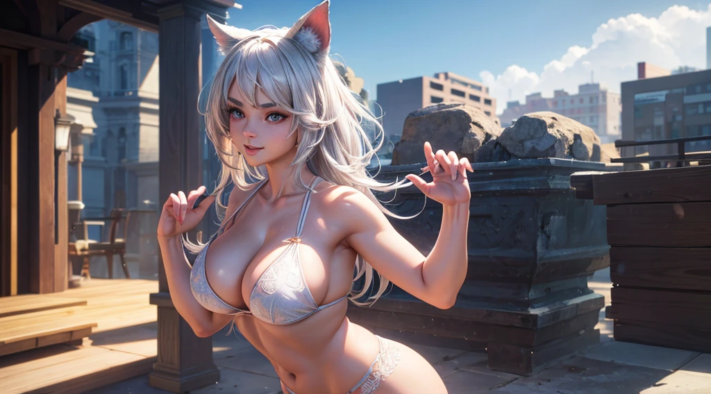 35 year old woman blonde hair with pink tips , cat ears , yellow eyes like amber, tanned brown skin, Dark skin, flirtatious smile, big breasts, naked, big breasts desnudos, , angry expression, frown, Open mouth, standing in a crystal clear lake. 1 single woman, alone girl. , angry expression, frown,  covering her breasts with her hands, 