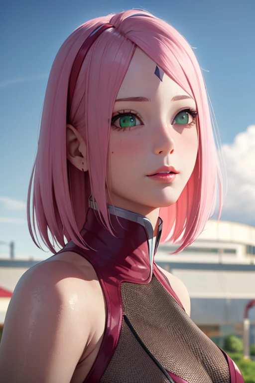 young woman, pale skin, short bubblegum pink hair, wide forehead, emerald green eyes, buttoned nose, peach lips, heart-shaped face, slender, red clothes, Sakura Haruno, 3d, realism, angelic face, maya in net