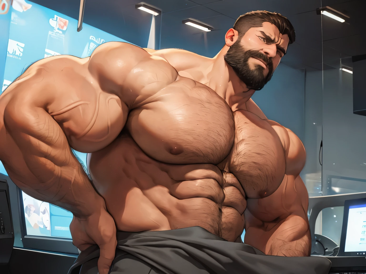(giant, colossal, muscular, gigantic man, torn clothes, muscles tearing clothes, evil, expressive angry face, bright blue eyes, looking foward, well-defined chin, very well defined bearded face, towering presence, overwhelming size, immense power, massive strength), gigantic man, expressive face, well-defined chin, very well defined bearded face, growing in size with each passing moment, expanding exponentially, becoming larger and larger than everything, dominating the landscape, a true titan, with every muscle and sinew rendered in detail, every bulge and vein meticulously captured, showcasing the (power, strength, intensity) emanating from his form, he crushes buildings with his muscles, he destroys everything with his muscles.