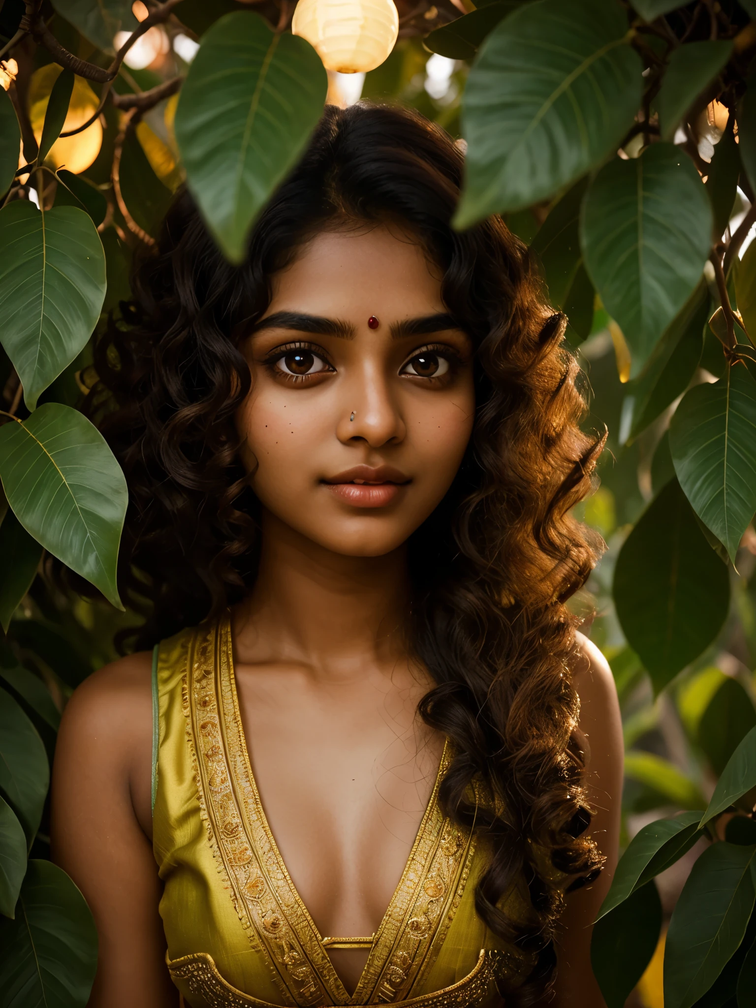 adorable beauty, breath taking beauty, heavenly beauty, jaw dropping beauty, gorgeous beauty, 18 year old Tamil girl, (round face, large eyes, straight nose, glossy lips, glowing skin, curly long hair, thighs, eyes symmetry, face symmetry), cowboy shot, gentle smile, (plump lips:0.6), banana hut made of leaves in the background, hyper rich colors, perfection to the core, intricate detailing, (lighting:1.6 grandeur, cinematic, filmy, magnanimous, rim), ((perfect cinematic effect lighting)), hyper digital image, HDR, hyper realistic