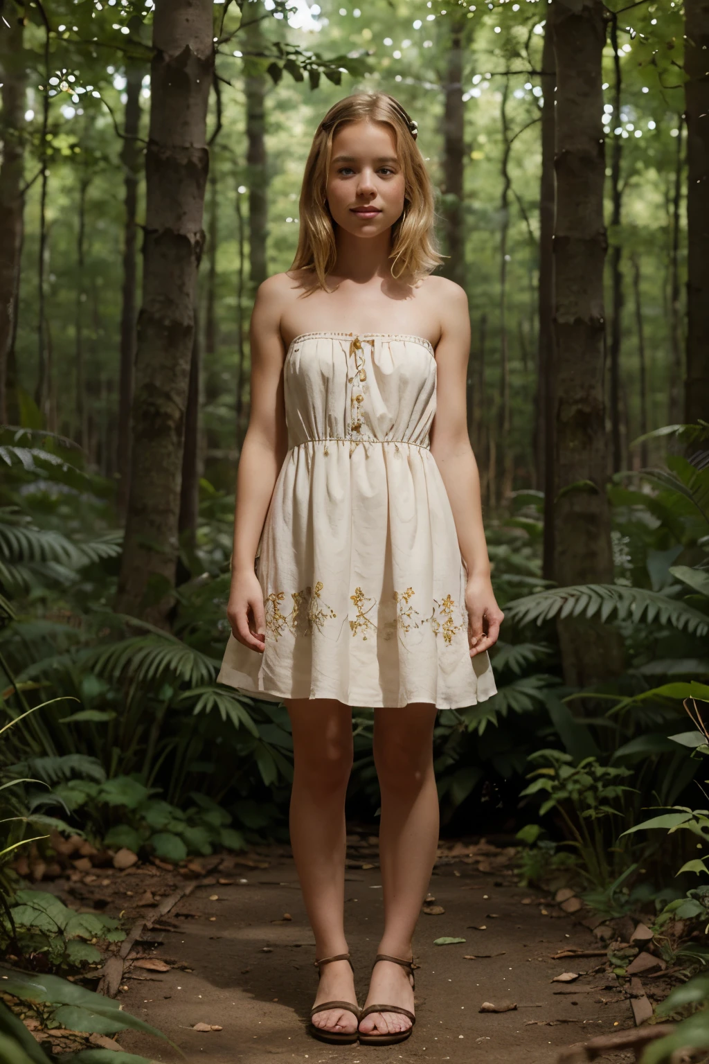 A very charming blonde freckled little girl in very short strapless summer dress and sandals standing in the forest