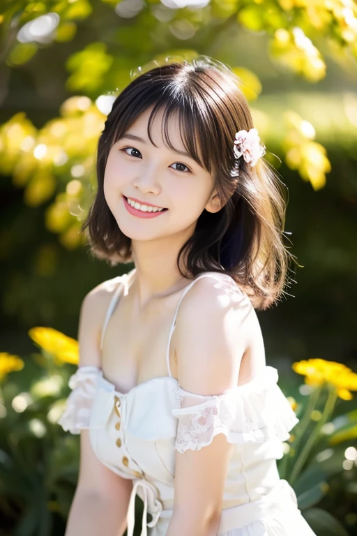 (((​masterpiece))), (((Full body photo)))， (One beautiful Japan girl, Innocence，kawaii) ，超A high resolution, Realistic, ultra-detailliert, 8K,top-quality, Extremely detailed,,A slender,very beautiful japanese girl, (Detailed face:1.3), (Bery short hair，Cute Hair Ornament，A dark-haired :1.4), (a baby face，kawaii系,adorable 10 year old girl), (Perfect body:1.1), (white frills，onepiece，White fluffy skirt), innocent smiles，Please show me your beautiful teeth，pretty pose，rosy cheeks，Super Detailed Face、Detailed lips、A detailed eye、small gravure idol，Transparent skin、Lori，Photorealistic:1.37，no-makeup，In the soft spring sunshine、appearance々Surrounded by flowers