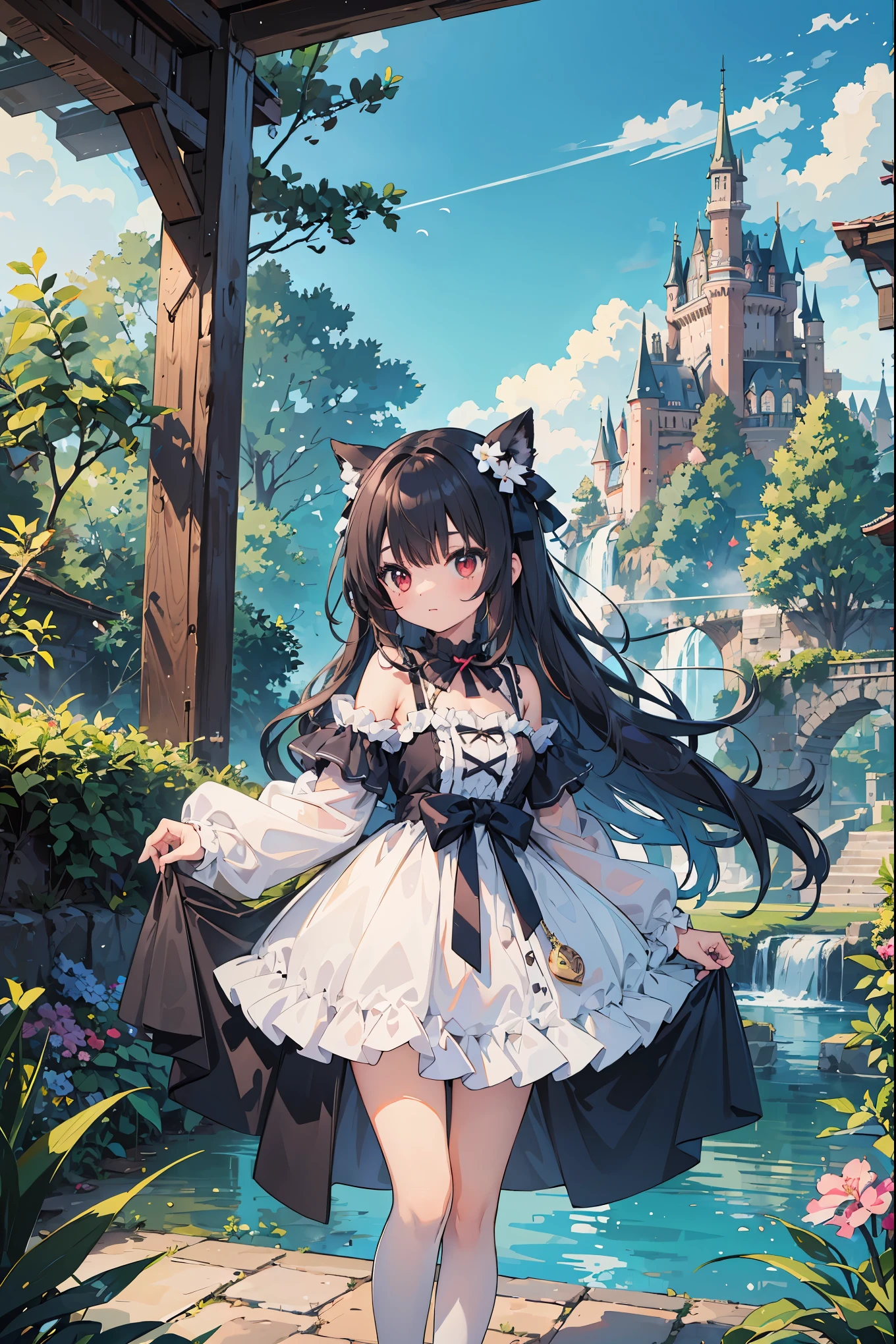 (best quality:1.2), (solo:1.3),(1girl, 18yo:1.3), (long straight hair:1.2),(hair black:1.3),(red eyes:1.2),yumekawa,yumekawaii,pastel color,(wonderland garden:1.3),rainbow waterfall,dripping ink,imagination,(Castle:1.4),