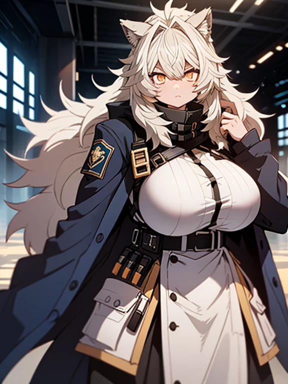 (best quality, masterpiece:1.2), backlit lighting, extremely detailed background,,de pele branca, Massive, muscular girl, Kaiju, aggressive, Proud,long, wavy white hair,Long dark blue coat,very very gigantic boobs,muffler,Wolf Girl,Golden decoration,big tail,trouser,Big animal ears,huge sword,long boots,Warm clothing,Clothes that are large in size,No skin exposure,Fluffy,venusbody,arknights,angry,