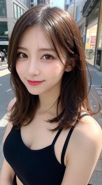 masutepiece, Best Quality, Illustration, Ultra-detailed, finely detail, hight resolution, 8K Wallpaper, Perfect dynamic composition, Beautifully detailed eyeob short 1.4), Natural Color Lip, Random and sexy poses,Smile,Aoyama Street Walk、A 40-year-old woman