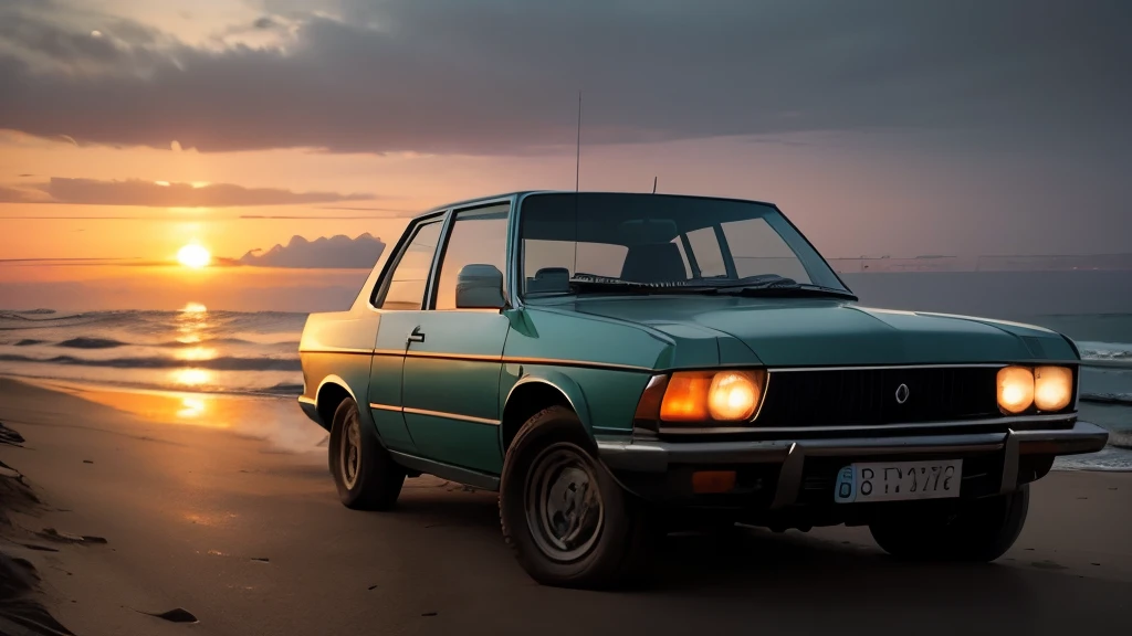 The car is standing on the seashore, Sundown,godrays