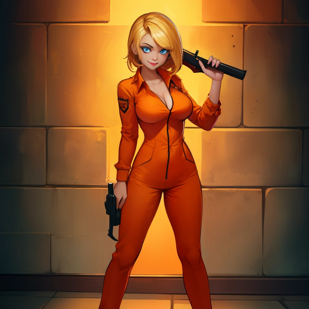 TheConvict, solo, smile, masterpiece, holding a gun, 1girl, gun detail, orange prisoner shirt, collared shirt, bright lighting, big breasts, full body view