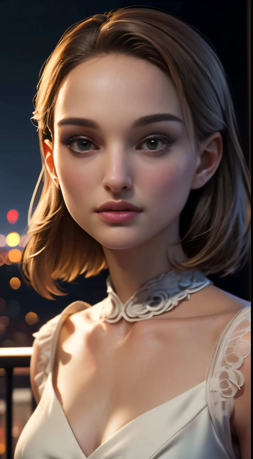 photo of Natalie Portman, RAW, beautiful woman, ((portrait)), ((detailed face:1.2)), ((detailed facial feature, detailed skin, clear skin), (perfect proportioned body), (wearing a colorful dress) (high detailed city environment, apartment balcony), (realistic photo, best quality, detailed), (8k wallpaper), (cinematic lighting, dramatic lighting) (sharp focus, intricate)