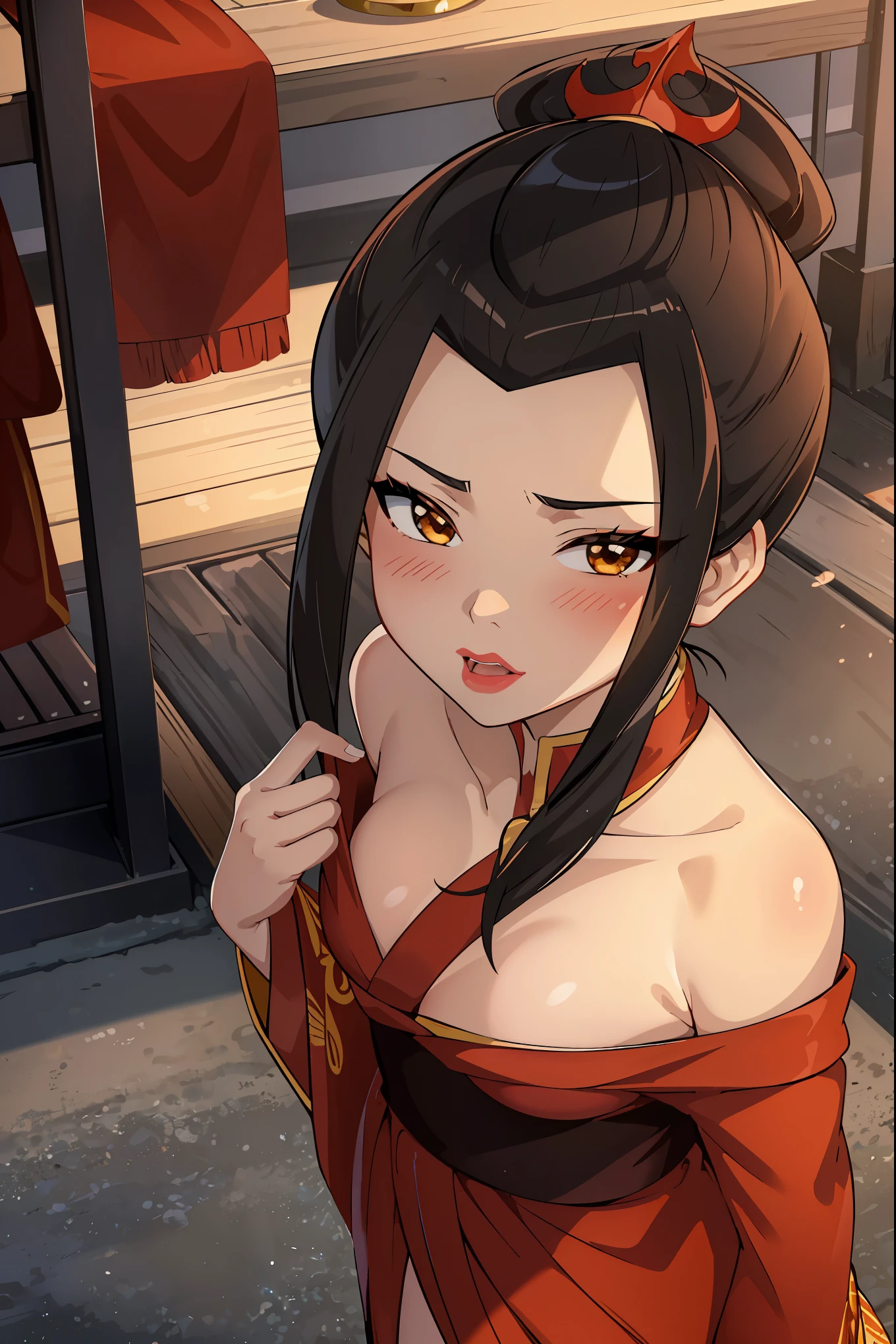 Beautiful, Masterpiece, Best Quality, extremely detailed face, perfect  lighting, Cowboy shot, 1girl, Azula, the perfect body, kimono, pomade, blushful, moan, makeup, looking a viewer, wide thighs, Erotica