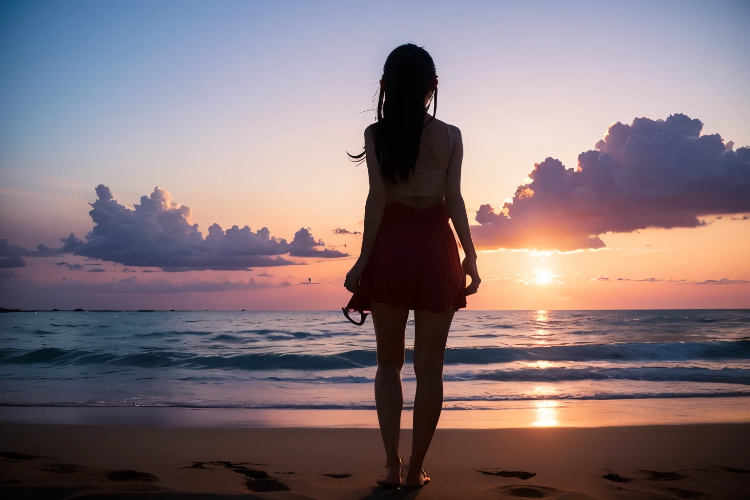 Arafed woman standing on the beach looking at the sunset - SeaArt AI