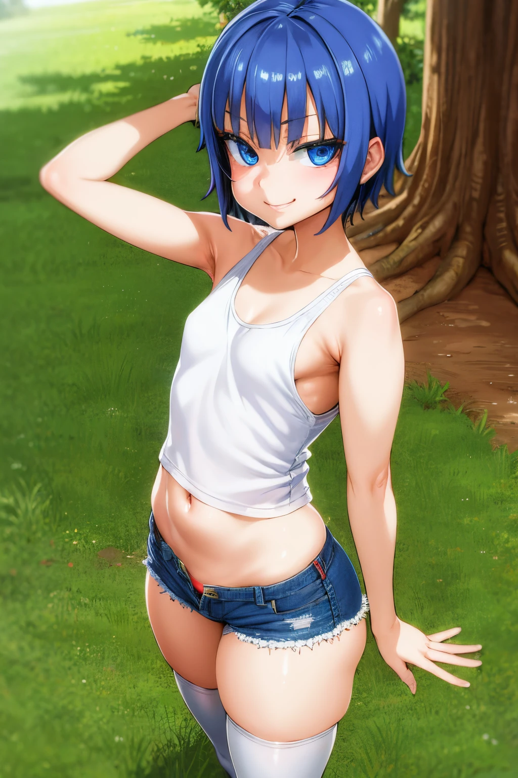 (masterpiece, best quality:1.2), 1girl,solo,****,smirk,small breasts,tank top,denim short shorts,short hair,blue eyes,thighhighs,sharp focus,outdoors,festival,sfw,safe for work