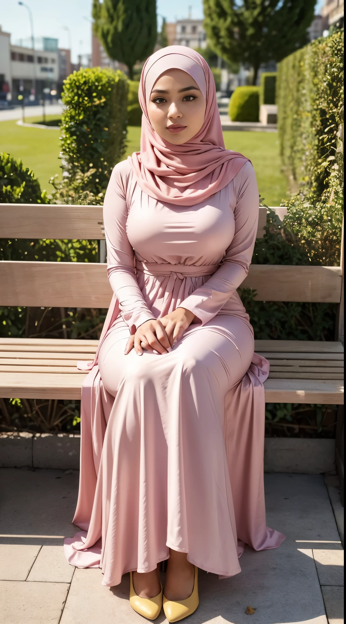 ( Close Up),RAW, Best quality, high resolution, masterpiece: 1.3), beautiful Malay woman in hijab,Masterpiece, perfect fit body, big breast,big gorgeous eyes, Soft smile,beutiful face,thick thighs, sitting, close up of a woman wearing a pink dress and a white head scarf, modest flowing gown, dress, yellow robes, sophisticated dress, long dress female, pink color, beautiful soft silky dress, hijab, elegant dress, yellow colors, pink clothes,light pink, soft silk dress, stylish dress, full covered dress, beautiful silky dress, yellow colours , (Delicate turtleneck) , shairband, afternoon walk, City garden, Excellent lighting, Bright colors, Clean lines,