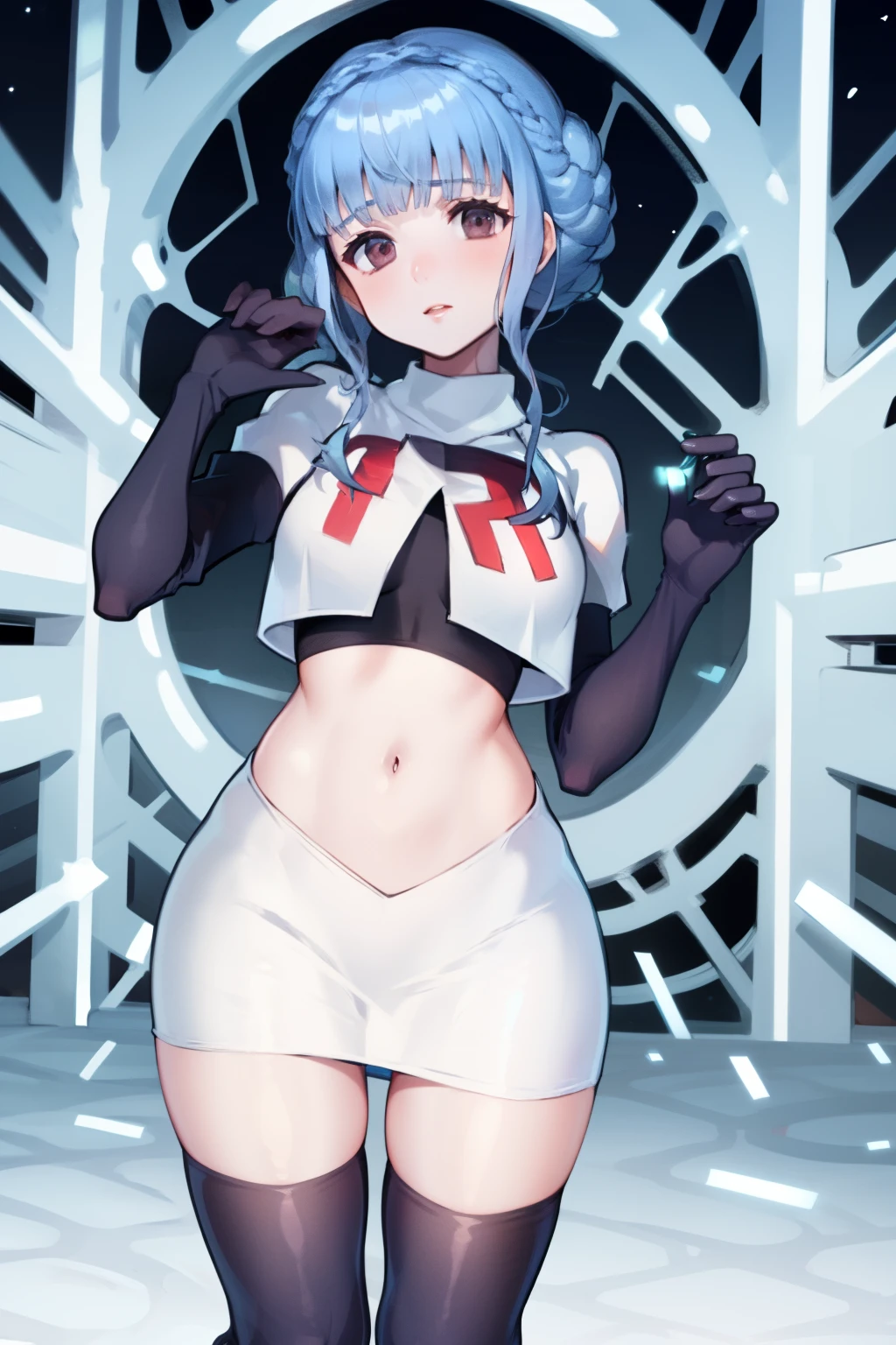 marianne von edmund, team rocket uniform, red letter R, white skirt,white crop top,black thigh-high boots, black elbow gloves, looking at viewer, cowboy shot, sexy pose , night sky background