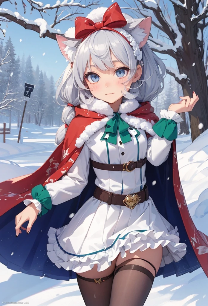 (Detailed illustrations,Very detailed and detailed drawing,Delicate lines with slow and rapid,Realistic texture expression),[Color tressed main line],[Winter Park [Walking trail](Powder snow)],[HENTAI] kawaii ((anime) tareme Girl (Pretty) 12year old [SKINNY [Sheer breast]]) (Silvery hair [[Hairstyles with a wide forehead]]) ((magical little girl)),((holly leaves) Head dress) (Fur collared cape((frilld) bow ribbon)[boa fabric dress][Color stockings],Transparency [Soft ambient light] gravure [Colorful],(Intricate and beautiful decoration [Dense detail]),(Fine and beautiful skin expression [Transparency]),[完璧な目のdetaileds (Iris beautifully drawn in every detail)[Jewel-like eyes]],[long and beautiful eyelashes],[Meticulously drawn hair [美しく艷やかな髪のdetaileds]],(完璧な手のdetaileds [Beautiful fingers without breakdowns [Beautiful nails]]),(Perfect Anatomy(Perfectly proportioned))[[Full body like]],[Ideal color coordination(Accurate simulation of light-material interactions)],([Precision Detail](detaileds,high-detail)),[[Pale and gentle colors]][Visual art that conveys a sense of narrative].