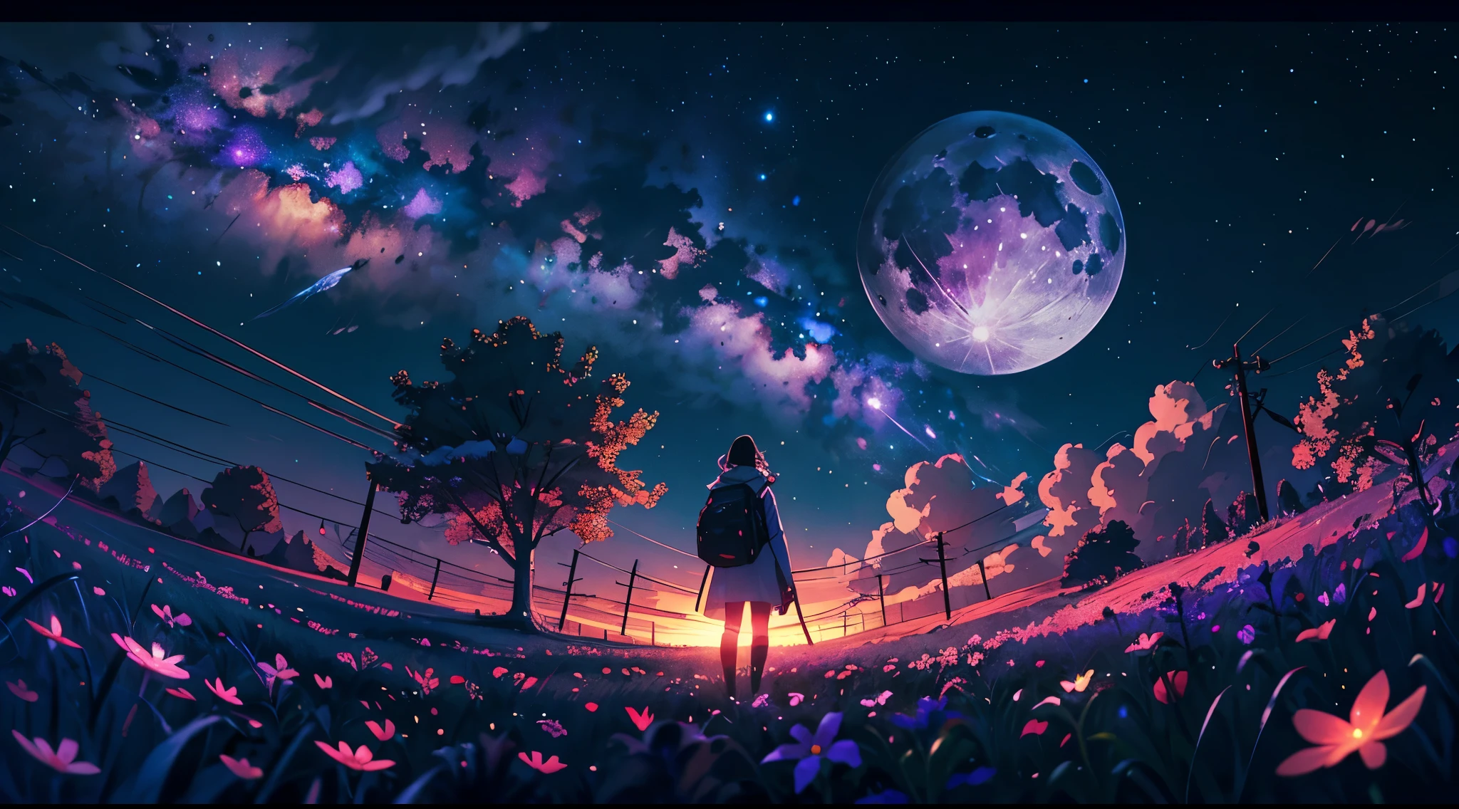 expansive landscape photograph , (a view from below that shows sky above and open field below), a girl standing on flower field looking up, (full moon:1.2), ( shooting stars:0.9), (nebula:1.3), distant mountain, tree BREAK
production art, (warm light source:1.2), (Firefly:1.2), lamp, lot of purple and orange, intricate details, volumetric lighting BREAK
(masterpiece:1.2), (best quality), 4k, ultra-detailed, (dynamic composition:1.4), highly detailed, colorful details,( iridescent colors:1.2), (glowing lighting, atmospheric lighting), dreamy, magical, (solo:1.2)
