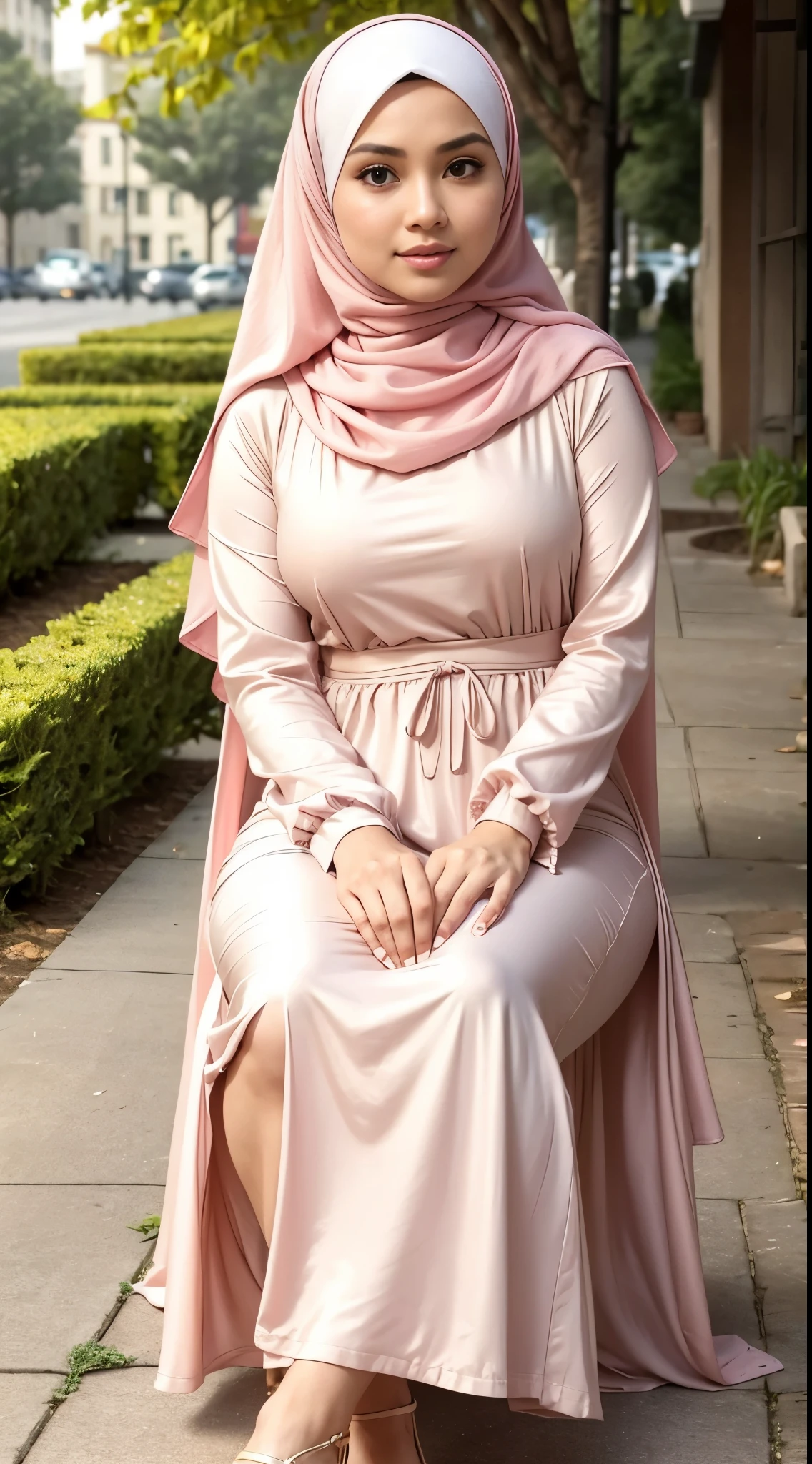 ( Close Up),RAW, Best quality, high resolution, masterpiece: 1.3), beautiful Malay woman in hijab,Masterpiece, perfect fit body, big breast,big gorgeous eyes, Soft smile,beutiful face,thick thighs, sitting, close up of a woman wearing a pink dress and a white head scarf, modest flowing gown, dress, yellow robes, sophisticated dress, long dress female, pink color, beautiful soft silky dress, hijab, elegant dress, yellow colors, pink clothes,light pink, soft silk dress, stylish dress, full covered dress, beautiful silky dress, yellow colours , (Delicate turtleneck) , shairband, afternoon walk, City garden, Excellent lighting, Bright colors, Clean lines,