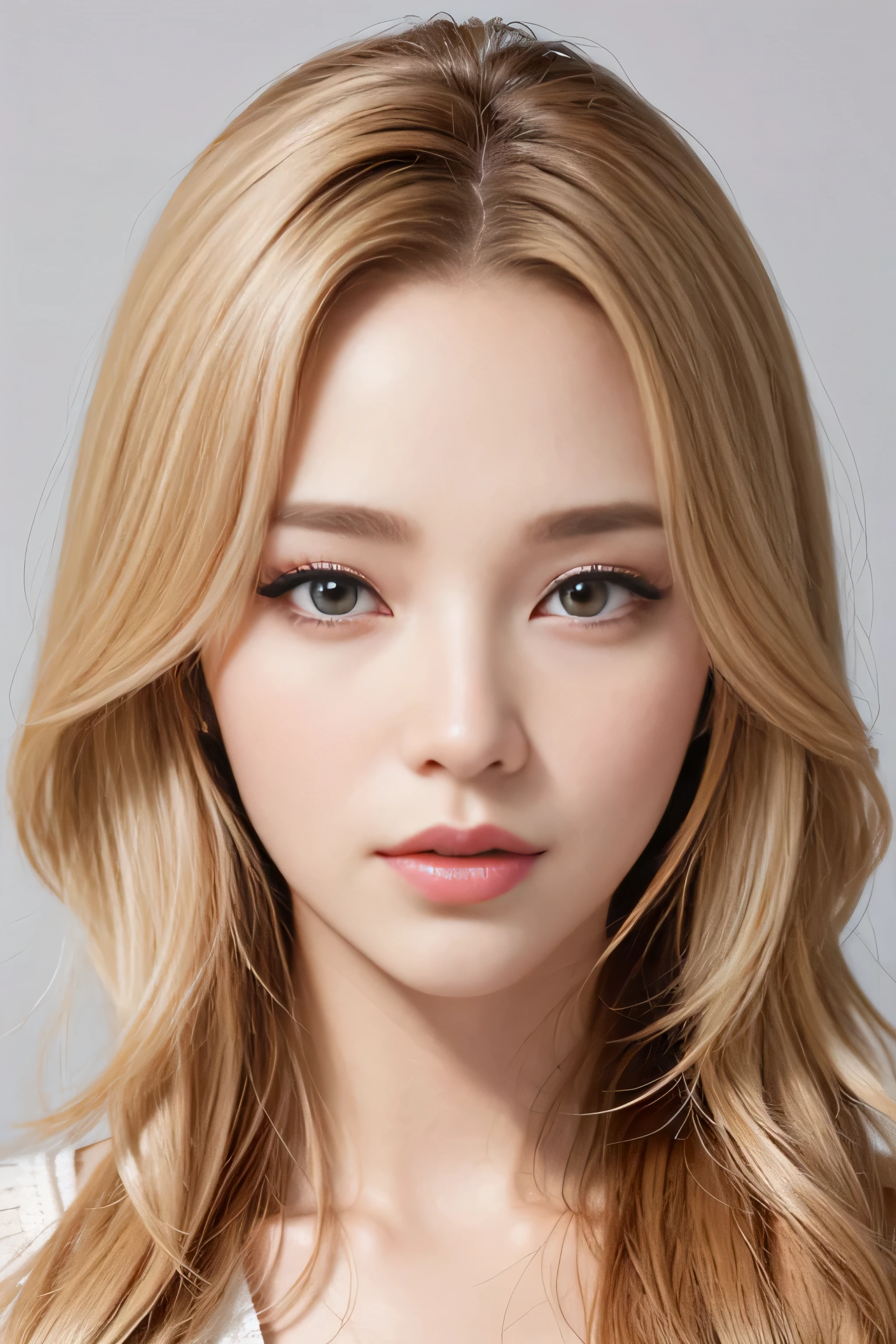 1womanl、(Super beautiful)、(ultra beautiful faces)、Gal K-Pop、makeup、(lip stick:1.1)、(eye line:1.2)、mascara、eyeshadows、glamor、(Blond hair and brown hair)、Wavy Hair、asymmetrical bangs、(facial close-up)