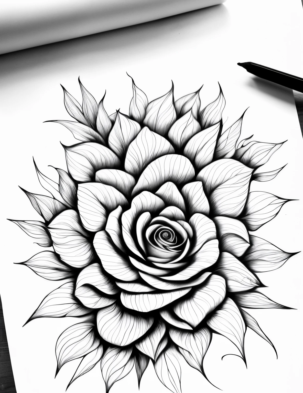 drawing of a flower with a pencil on a piece of , drawing, black ink line art, medium sized tattoo sketch, clean ink detailed line drawing, drawn on white parchment , detailed flowers, hyper - realistic tattoo sketch, black ink outline, line drawing tattoos, shaded ink illustration, ink art, higly detailed black ink outline